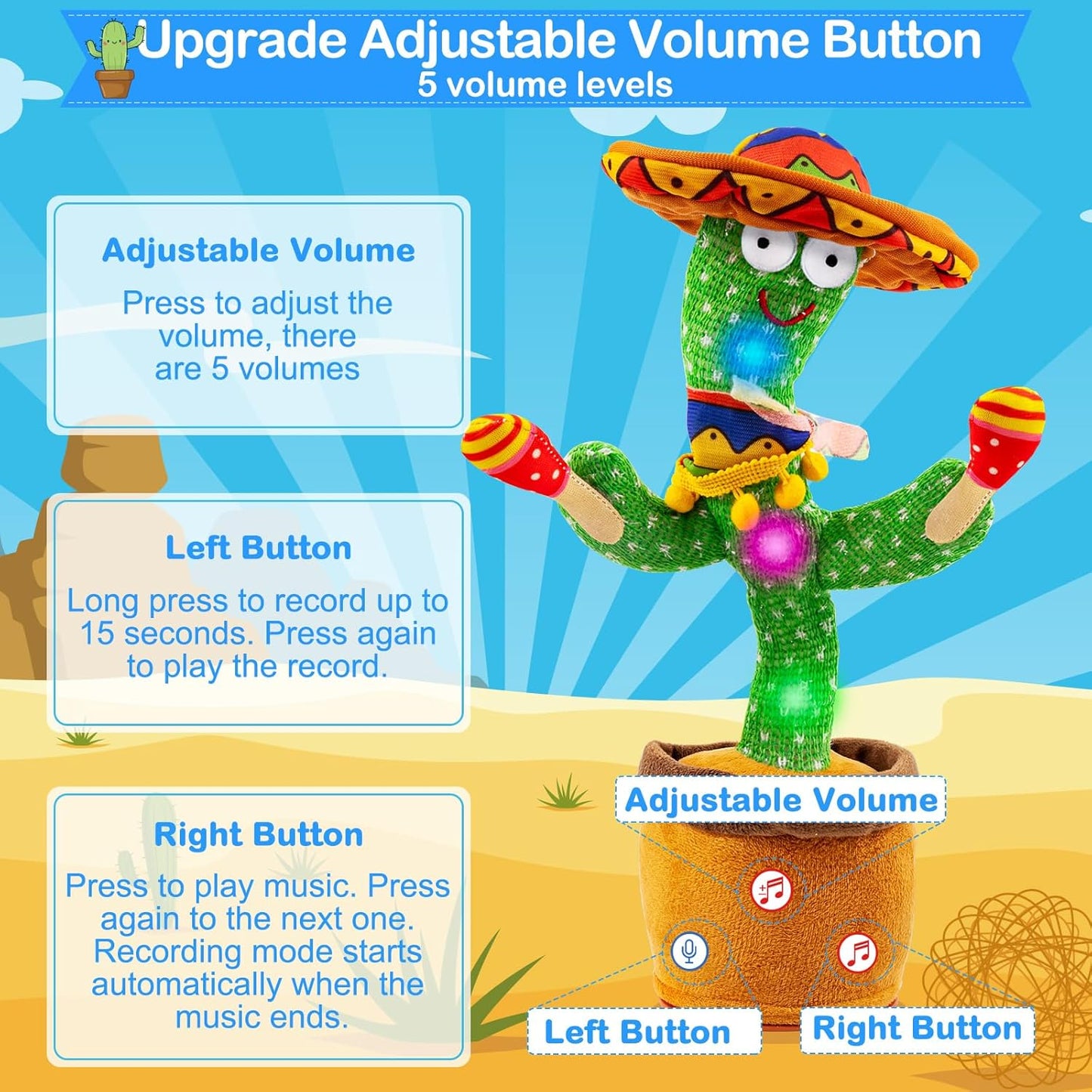 Interactive Dancing Cactus Plush Toy - Infants, Toddlers, Volume Adjustable Singing, Mimicking Function, 120 English Songs