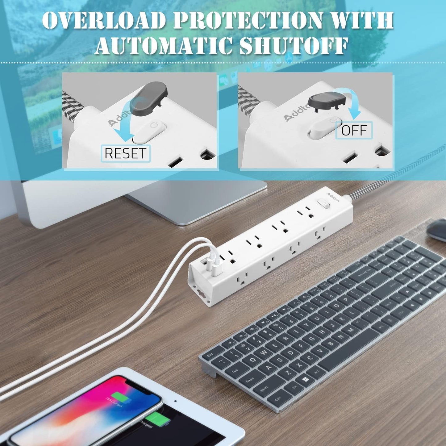 Surge Protector Power Bar - 10 FT Extension Cord, Power Strip - 12 Widely AC Outlet 3 USB, Flat Plug, Wall Mount Overload Protection, 1050J