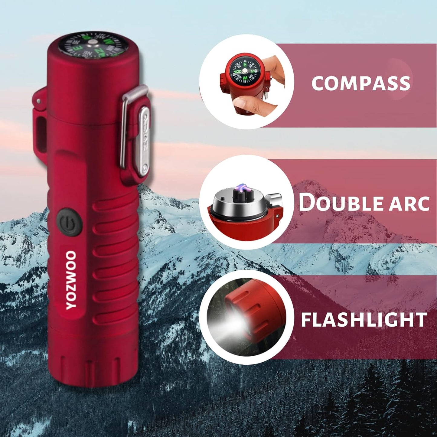 Rechargeable Dual Arc Plasma Lighter - Flameless, Waterproof, Windproof with LED Flashlight for Outdoor Use - Gift Box Included (Red)