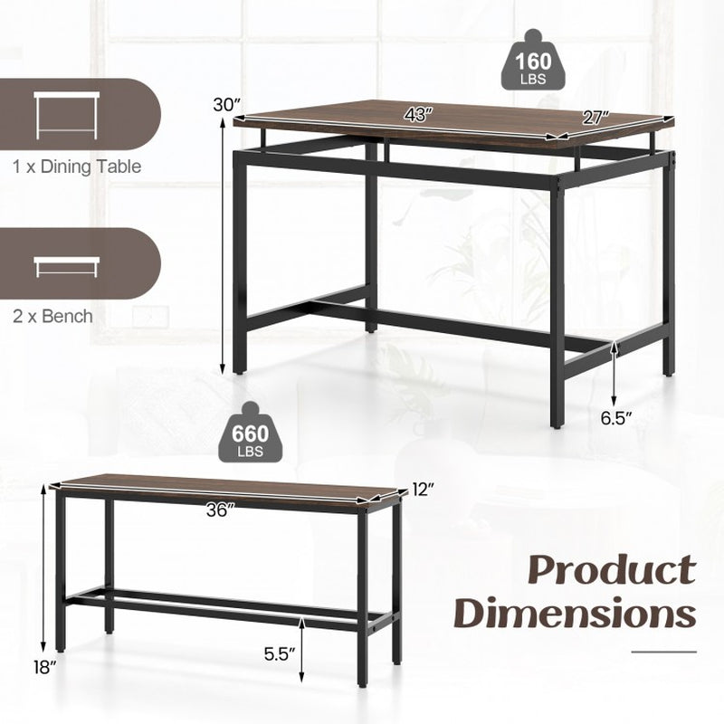 3-Piece Dining Table Set Featuring Wooden Kitchen Table and Two Benches