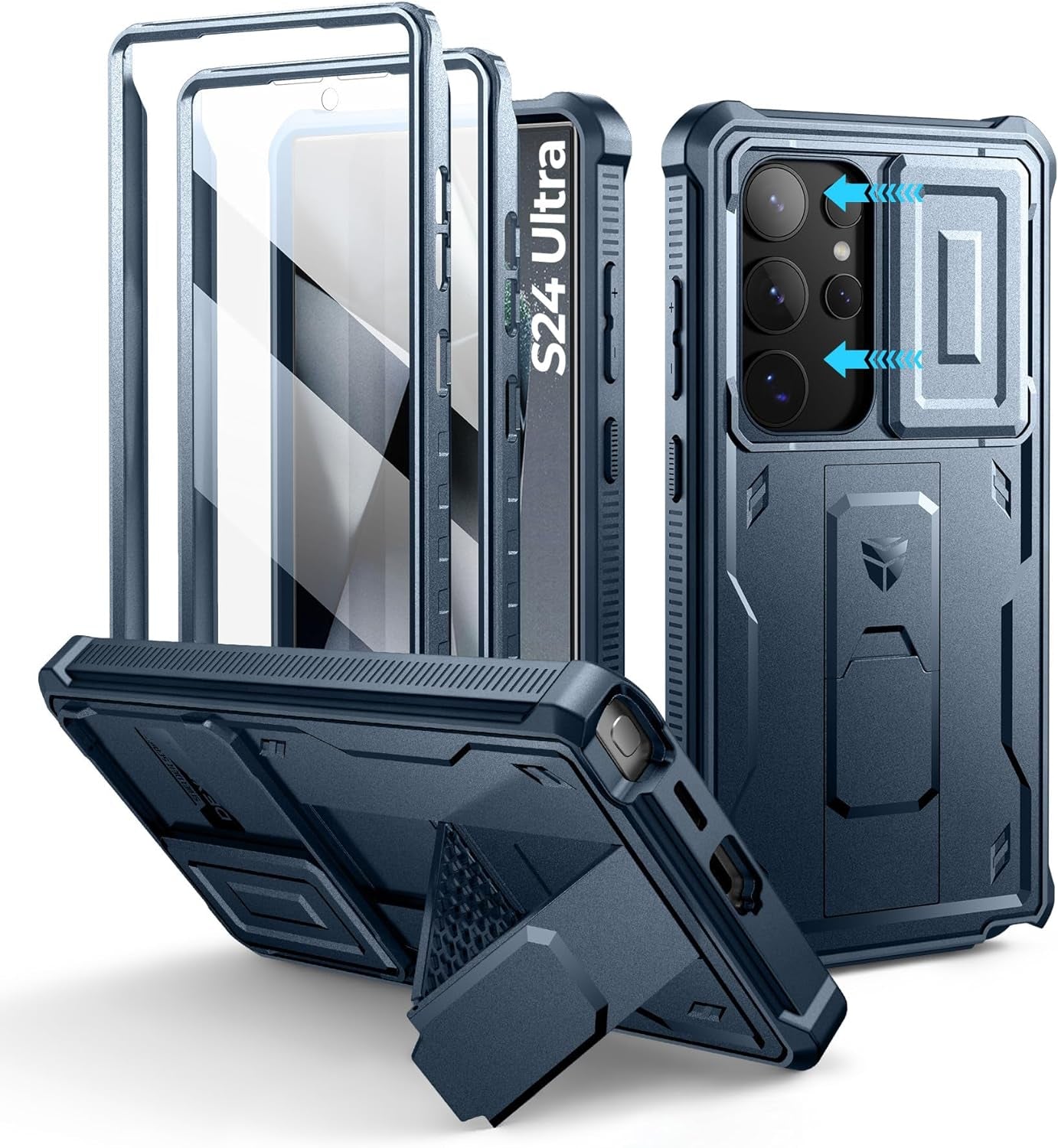 Samsung Galaxy S24 Ultra Heavy-Duty Rugged Case with Built-In Slide Camera Cover, Screen Protector, and Kickstand - Black