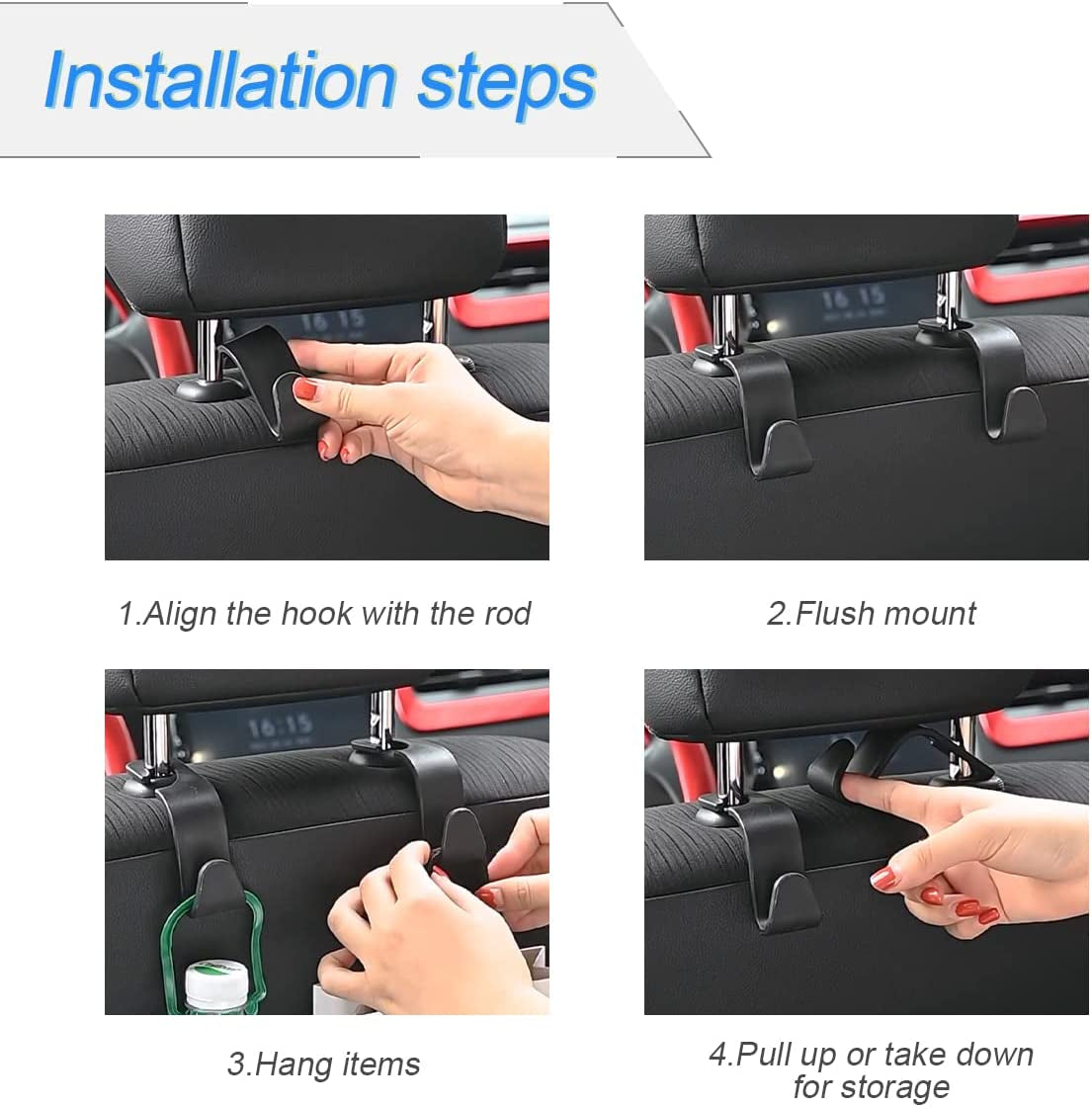 4-Piece Black Car Headrest Hooks - Universal Rear Seat Hangers for Handbags, Wallets, Grocery Bags, and Children's Toys