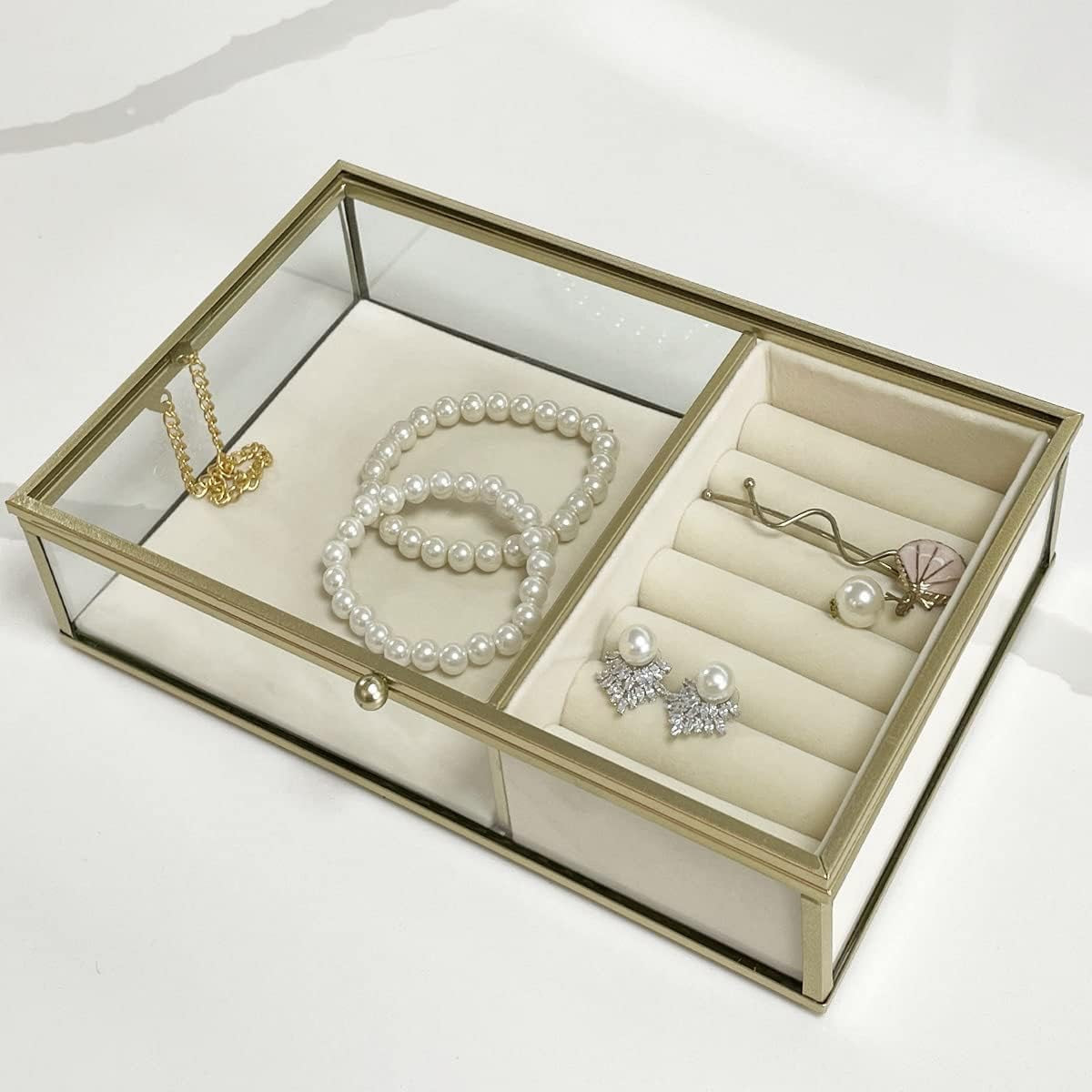 Elegant Glass Jewelry Box with Gold Metal Frame, Velvet Tray, and Trinket Chest - Clear Keepsake Display Case
