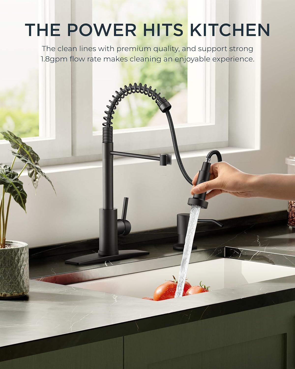 Matte Black Commercial Kitchen Faucet with Pull-Down Sprayer and Deck Plate, Single Handle Design