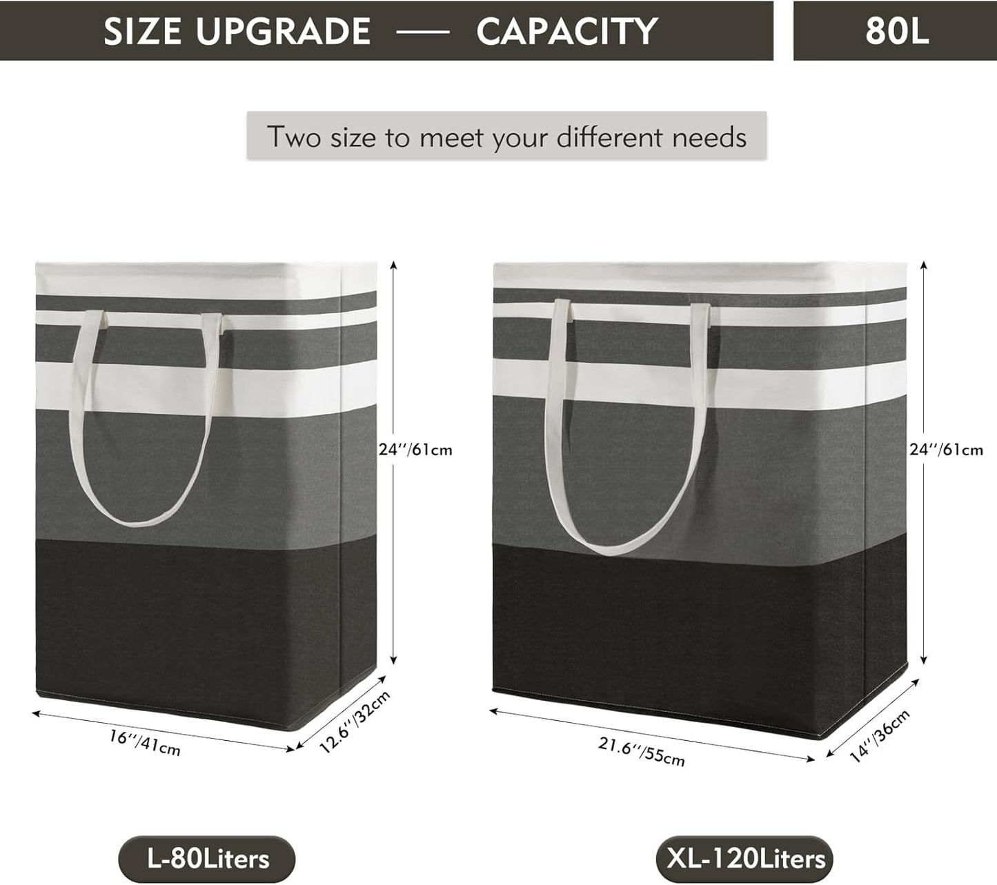 80L 3-Pack Freestanding Laundry Basket with Extended Handle, Collapsible Large Cotton Clothes Hamper Storage Basket, Gradient Grey