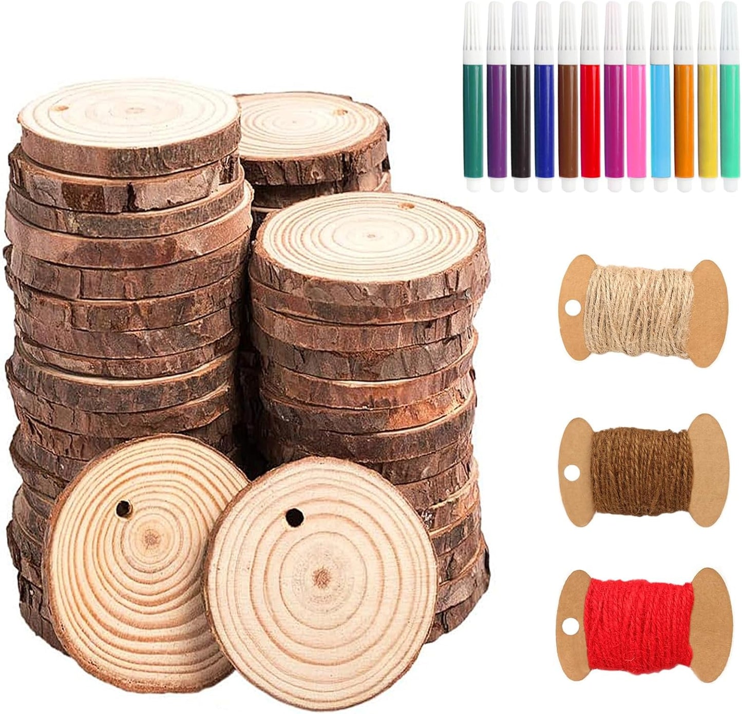 Natural Wood Slices - 50 Unfinished Predrilled Discs (2''-2.4'') with Twine for DIY Crafting, Wedding Decor, and Christmas Ornaments