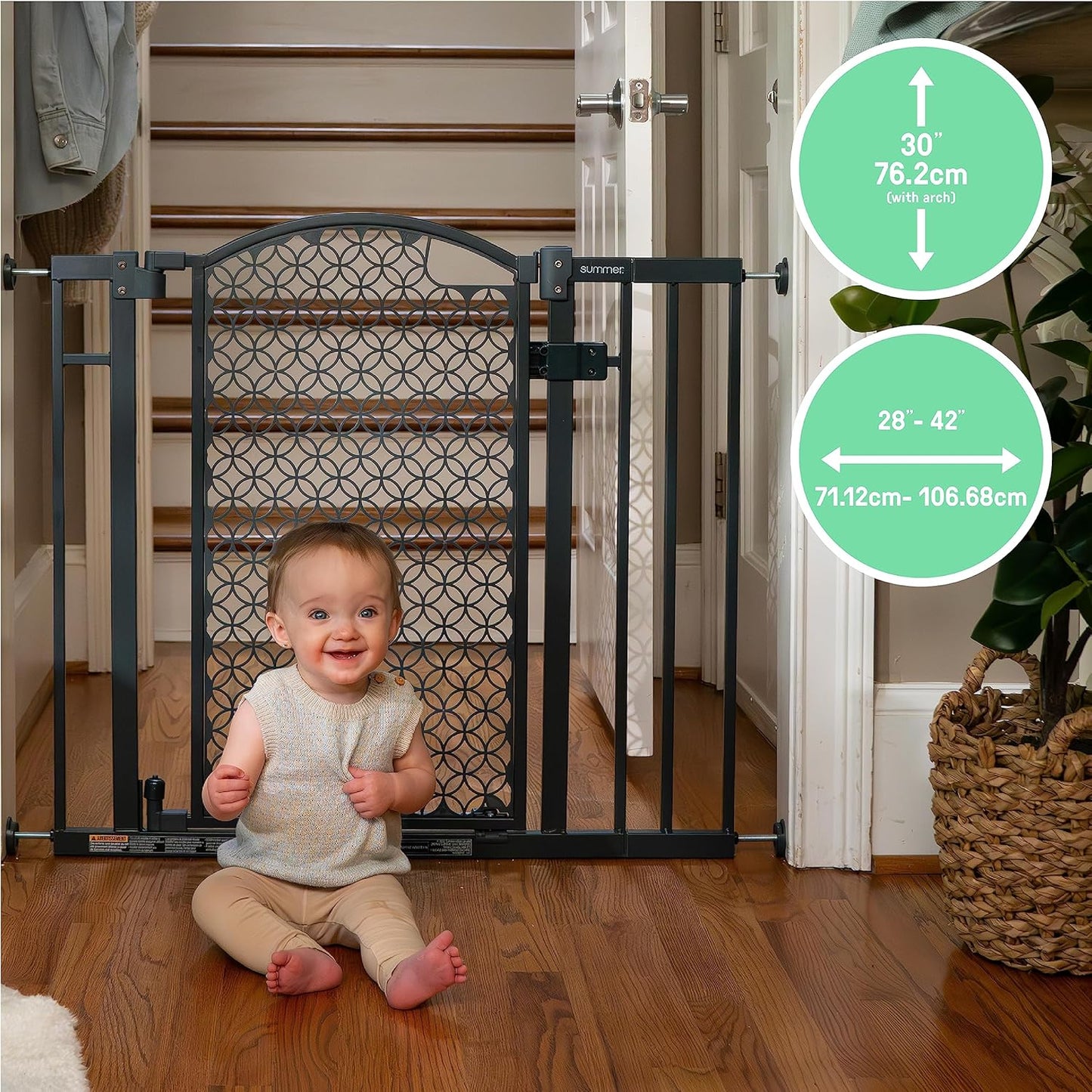 Contemporary Baby and Pet Safety Gate - Adjustable 28-42” Width, Gray Metal, Plastic, 30” Tall Walk-Through Design