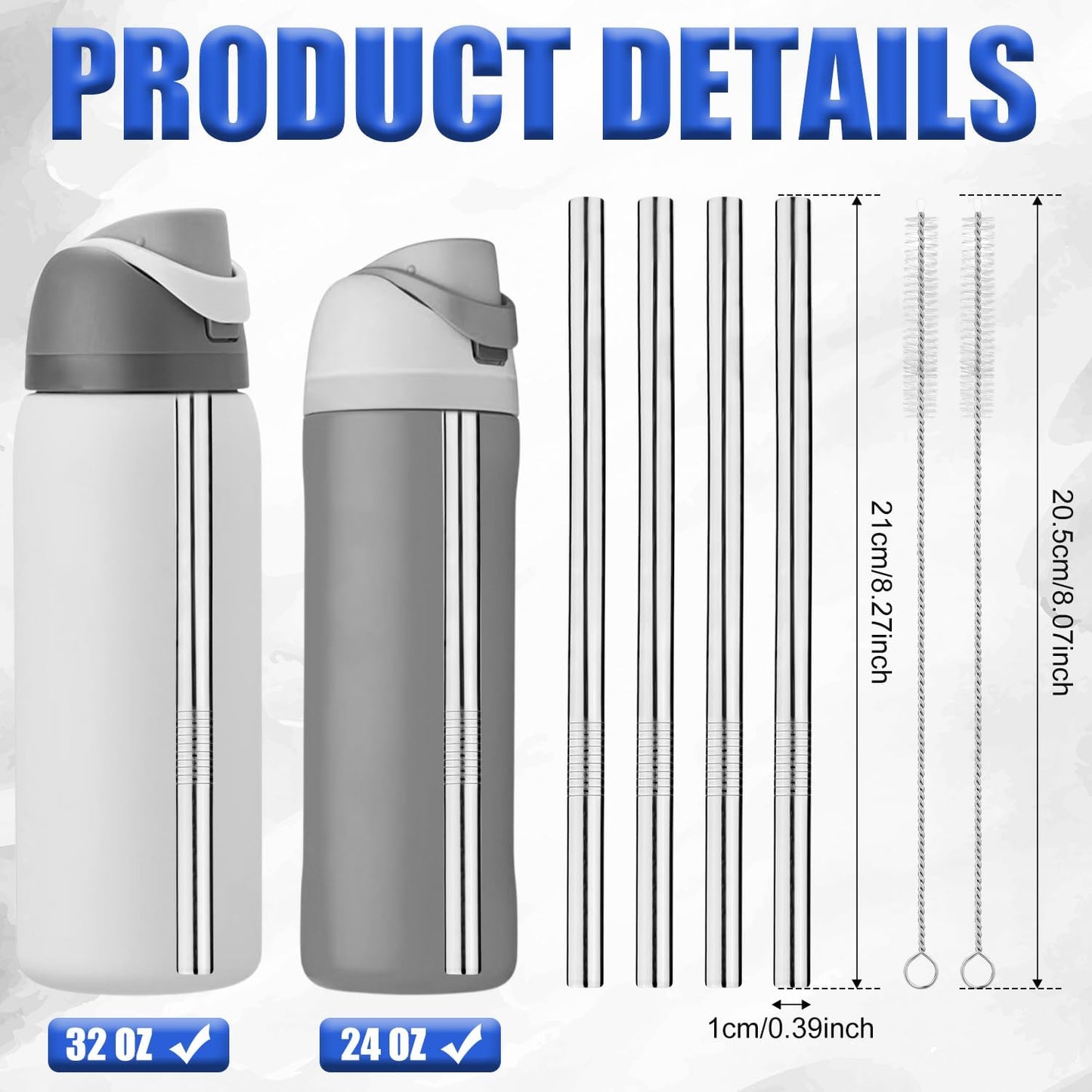 4-Pack Stainless Steel Straw Set - Water Bottles, Includes 2 Cleaning Brushes, Compatible- 24 oz, 32 oz Models