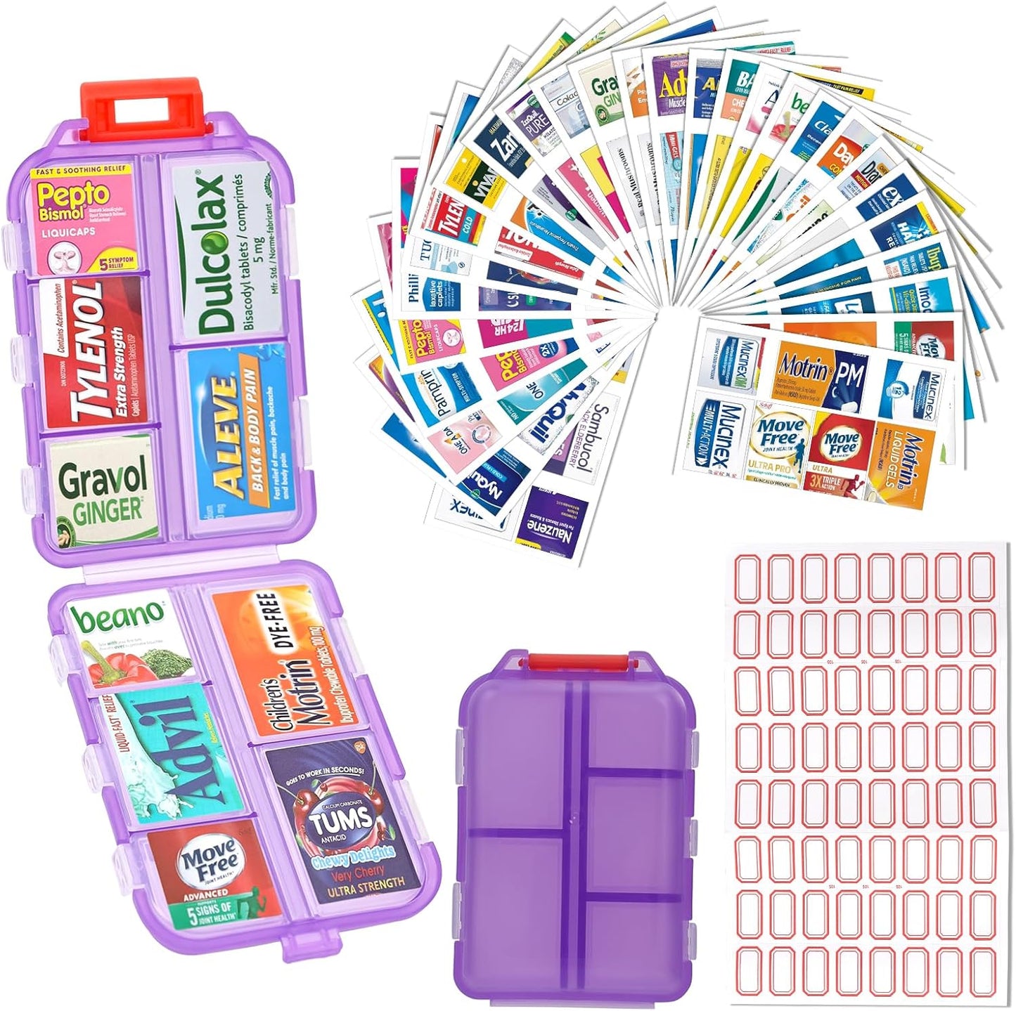 Portable Travel Pill Organizer with 260 Labels and 10 Compartments - Weekly Medication Container Case for Travel Essentials (Grey)