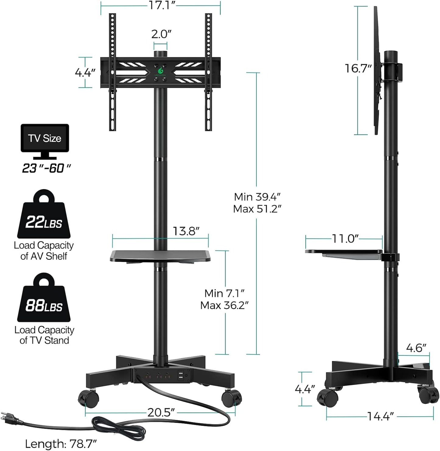 Mobile TV Cart with Power Outlet for 23-60 Inch Screens Up to 88 lbs, Height Adjustable Rolling Stand with AV Shelf, VESA 400x400 mm