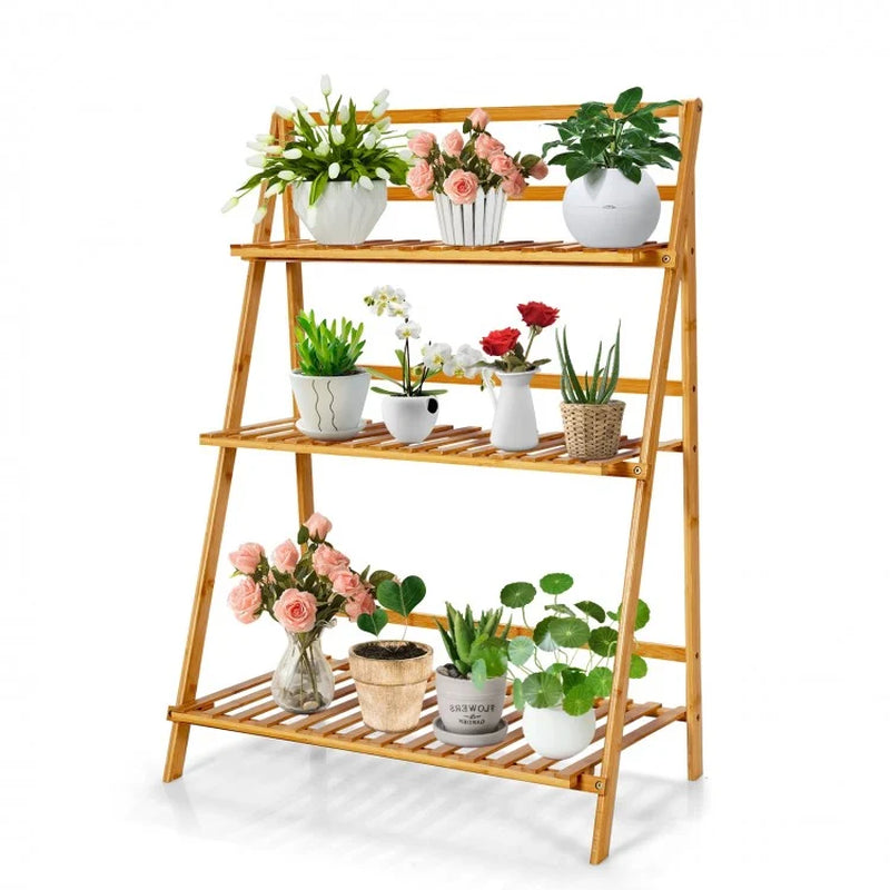 Foldable 3-Tier Bamboo Plant Stand Display Shelf for Balconies