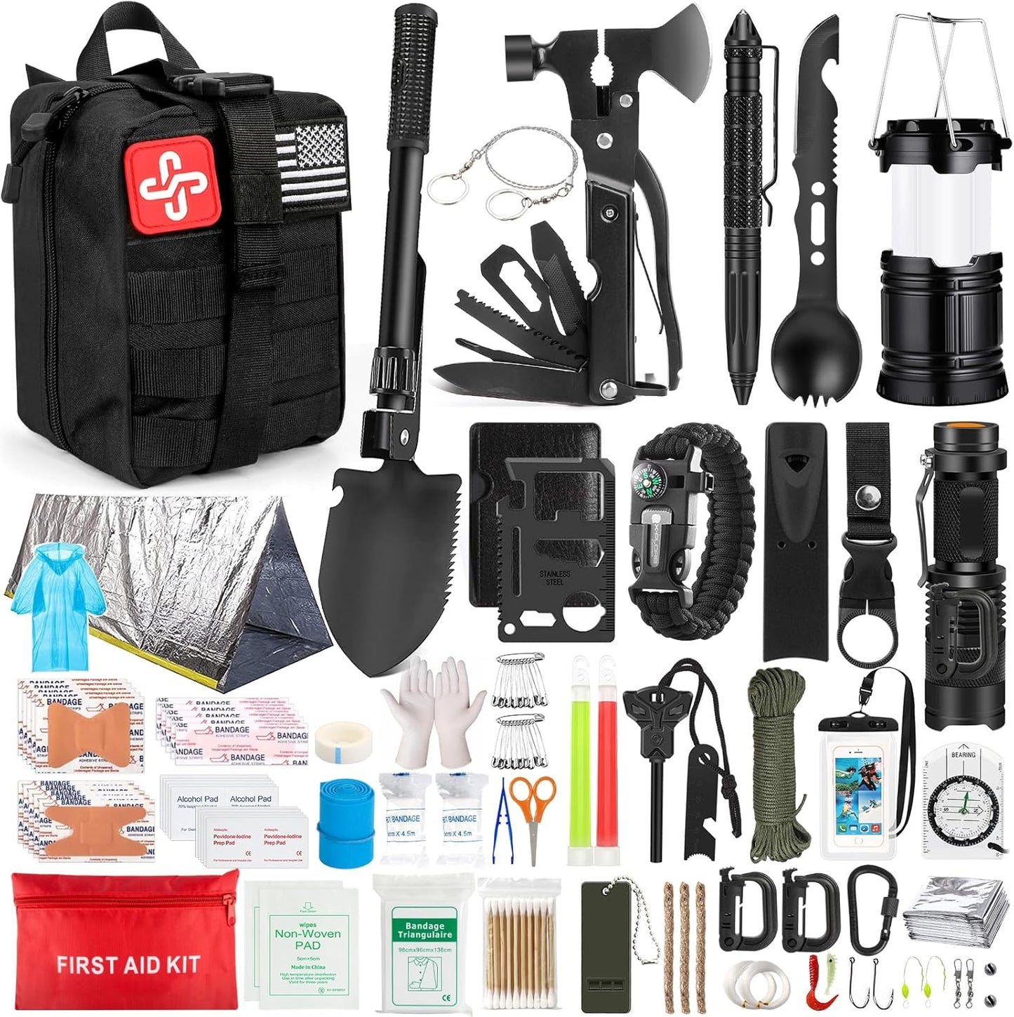 250-Piece Emergency Survival Kit: Comprehensive Gear for Wilderness Camping, Hiking, and Earthquake Preparedness - Includes Multi-Tool, Axe, Shovel, and First Aid Supplies - Ideal Gift for Men and Women
