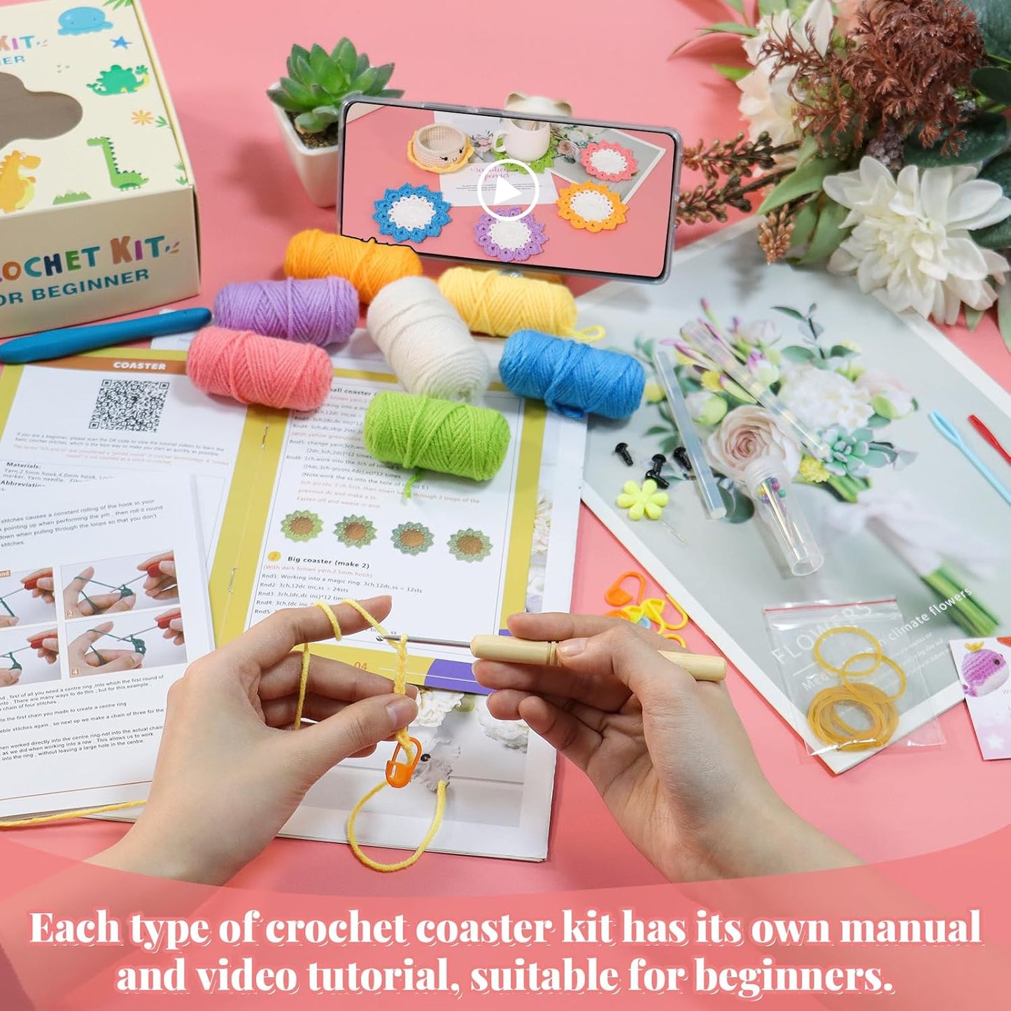 Beginner's Crochet Kit: 6-Piece Flower Potted Plant Coaster Set with Crochet Hook, Colorful Yarn, Stitch Marker, and Instruction Manual for Craft Enthusiasts