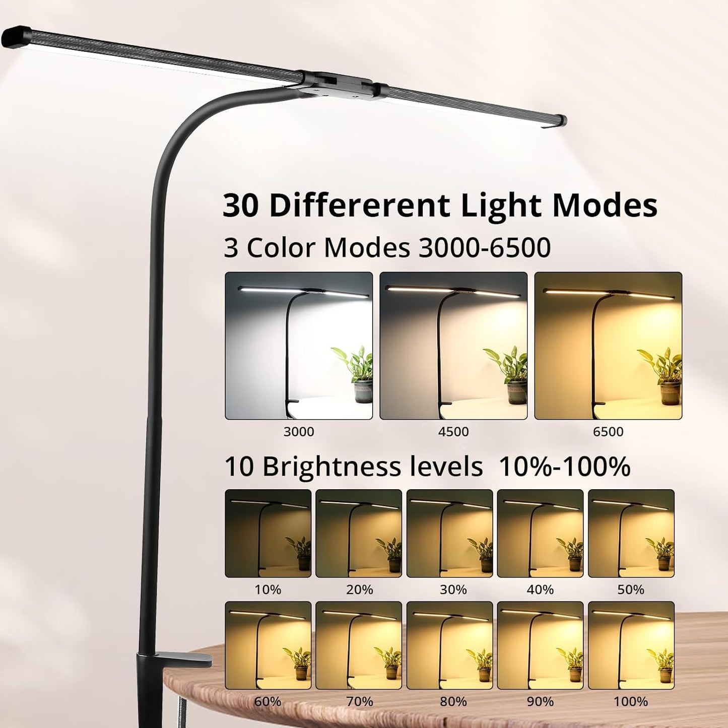 Adjustable LED Desk Lamp with Clamp and 30 Lighting Modes, Eye-Caring Architect Design, Dual Head, Flexible Gooseneck, 14-Inch Height