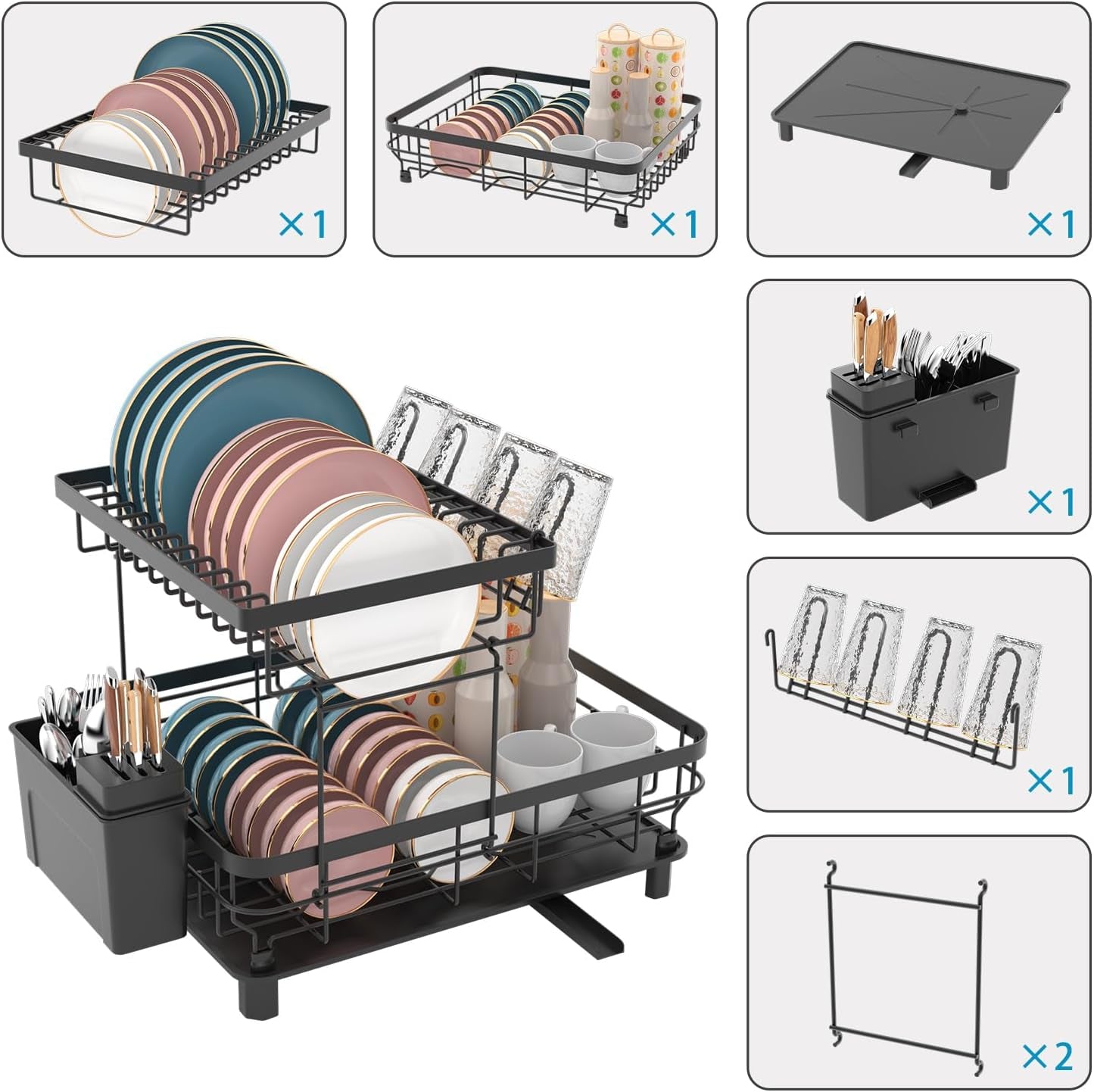 Large Double Layer Dish Drying Rack with Drainage Plate and Rotating Nozzle, Includes Tableware Rack and Cup Holder for Kitchen Counter