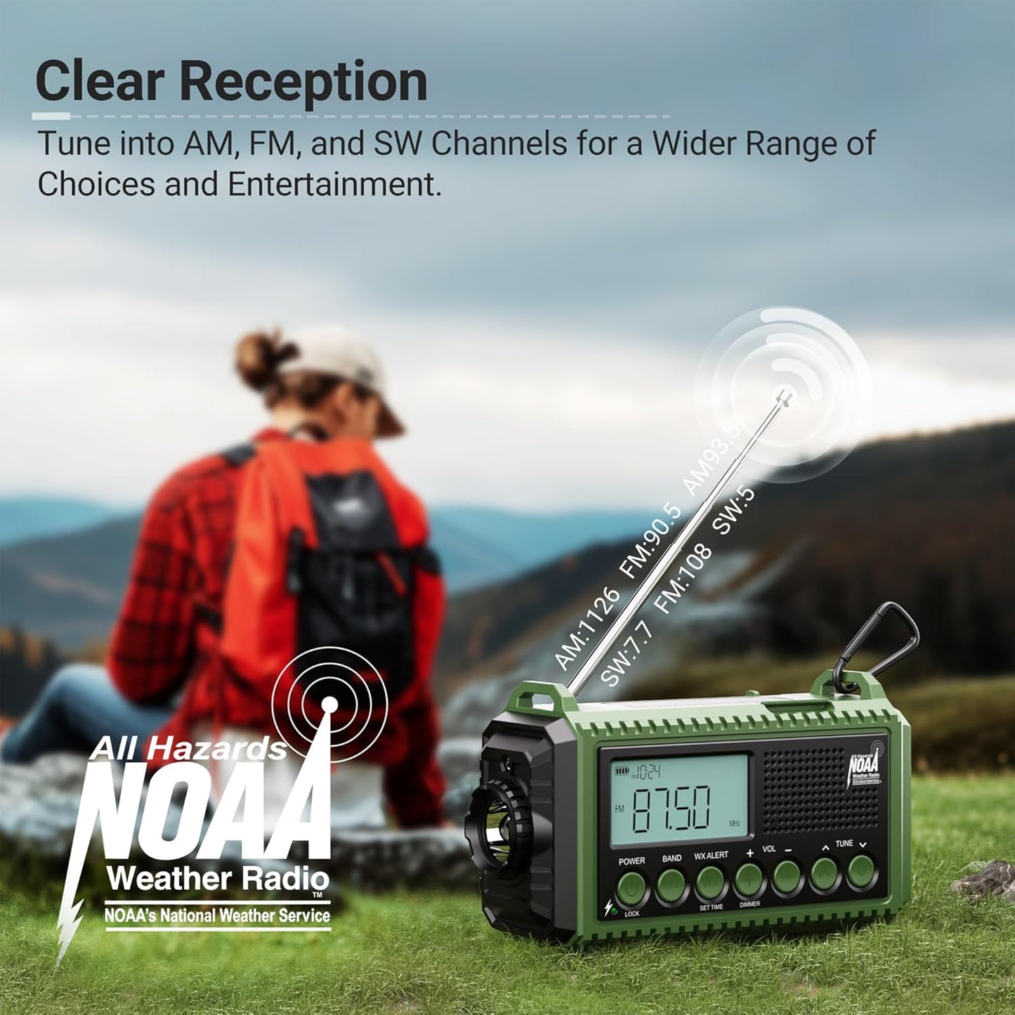 Weather Radio - 12000mAh Rechargeable Emergency Radio - Solar, Hand Crank Power, AM/FM/SW Reception, Flashlight, Reading Lamp, USB Charger, Clock, SOS Alert, Home Outdoor Use