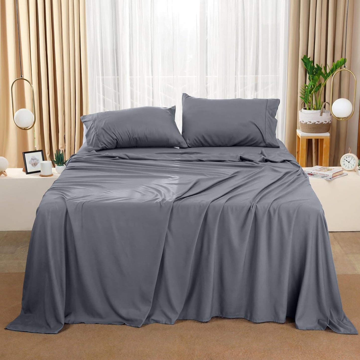 Queen Bed Sheet Set - 4-Piece Bedding Collection - Soft Brushed Microfiber - Shrinkage and Fade Resistant - Easy Care - Grey