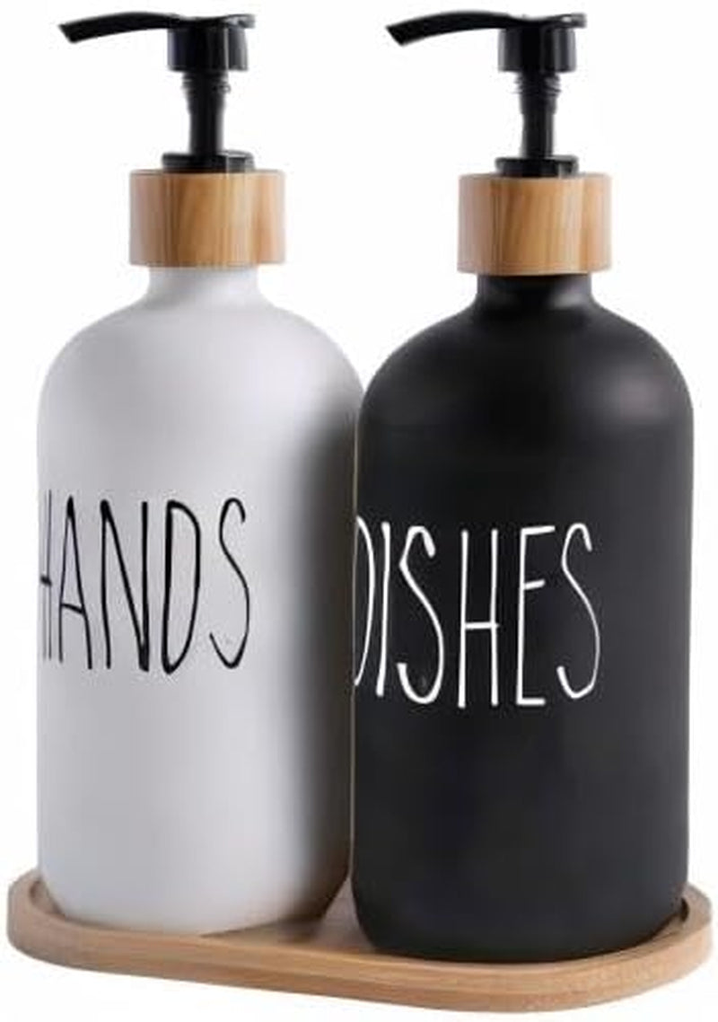 Elegant Glass Soap Dispenser Set with Hand Soap and Dish Soap Dispensers - Black & White
