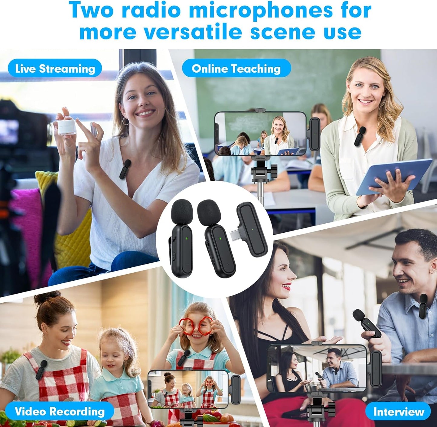 Dual Wireless Lavalier Microphone Set for Phone, iPad, Android - Charging Case, Jack Adapter, Noise Reduction, Plug-and-Play Clip-On Lapel Mic, YouTube, Recording, Vlogging, Facebook