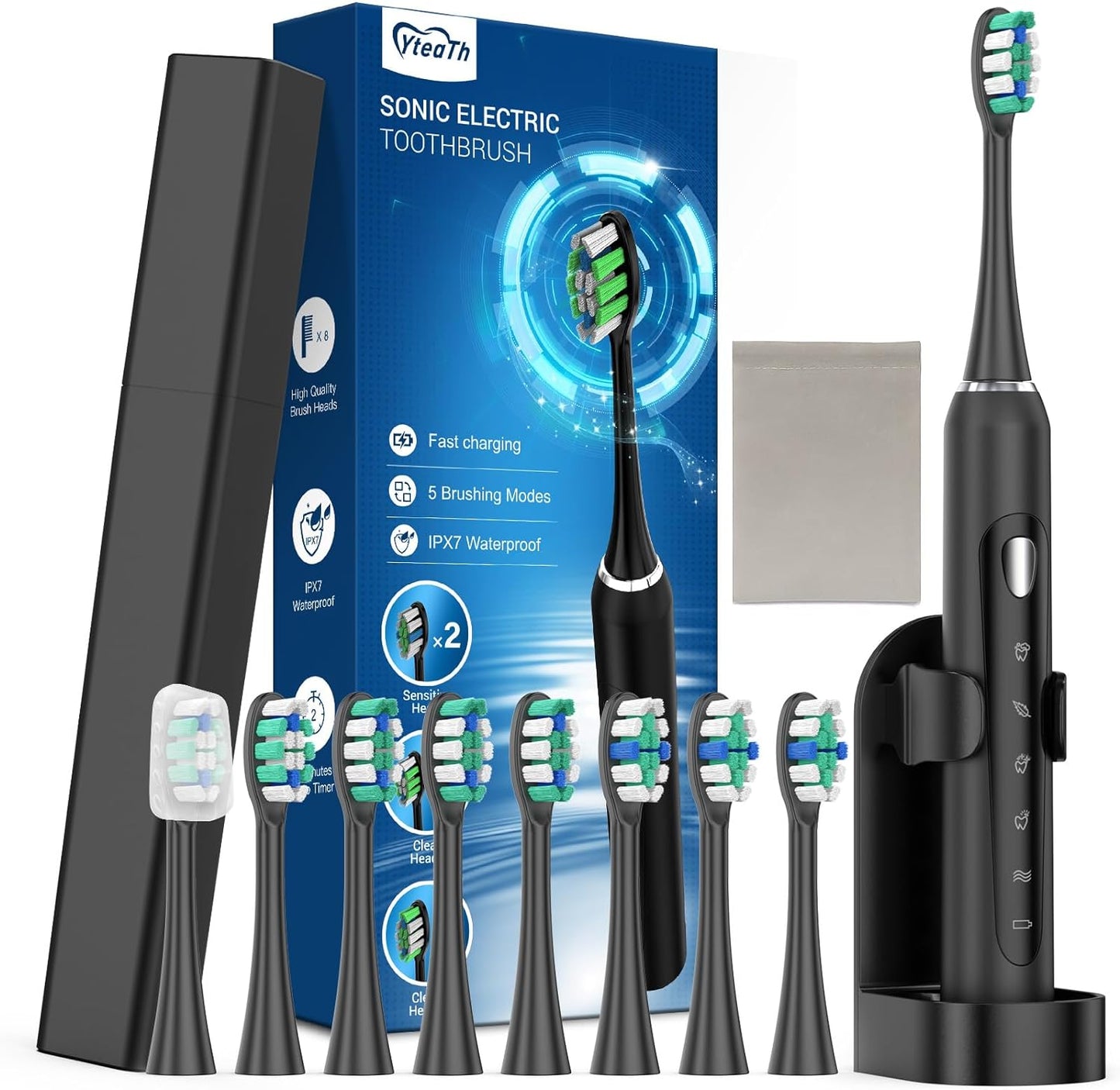 Sonic Electric Toothbrush for Adults with 8 Replacement Brush Heads, 60-Day Battery Life, 5 Cleaning Modes, and 2-Minute Smart Timer