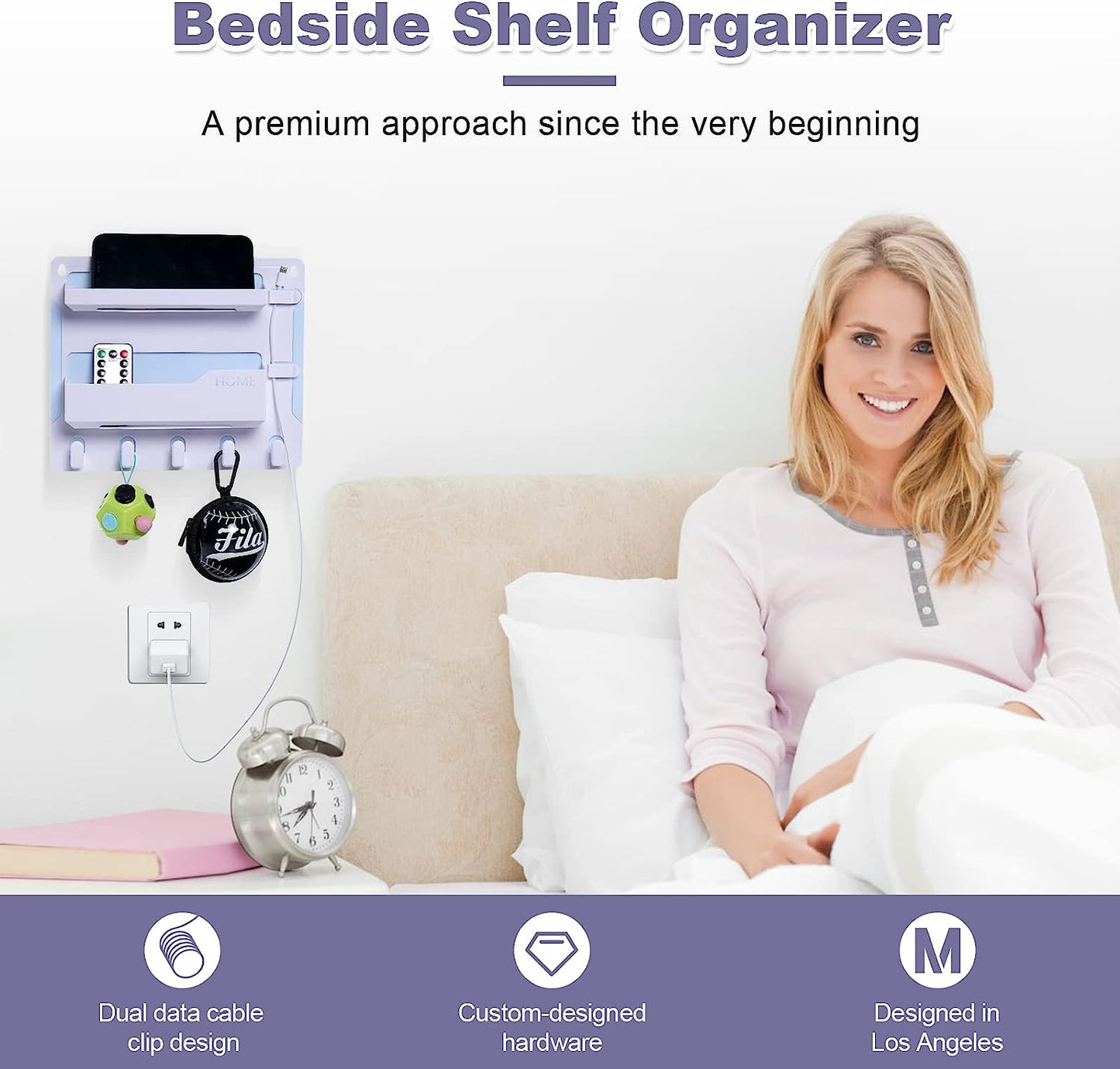Wall-Mounted Bedside Shelf Organizer with Hooks and Cable Management Clips - White Plastic Storage Solution for Electronics and Accessories