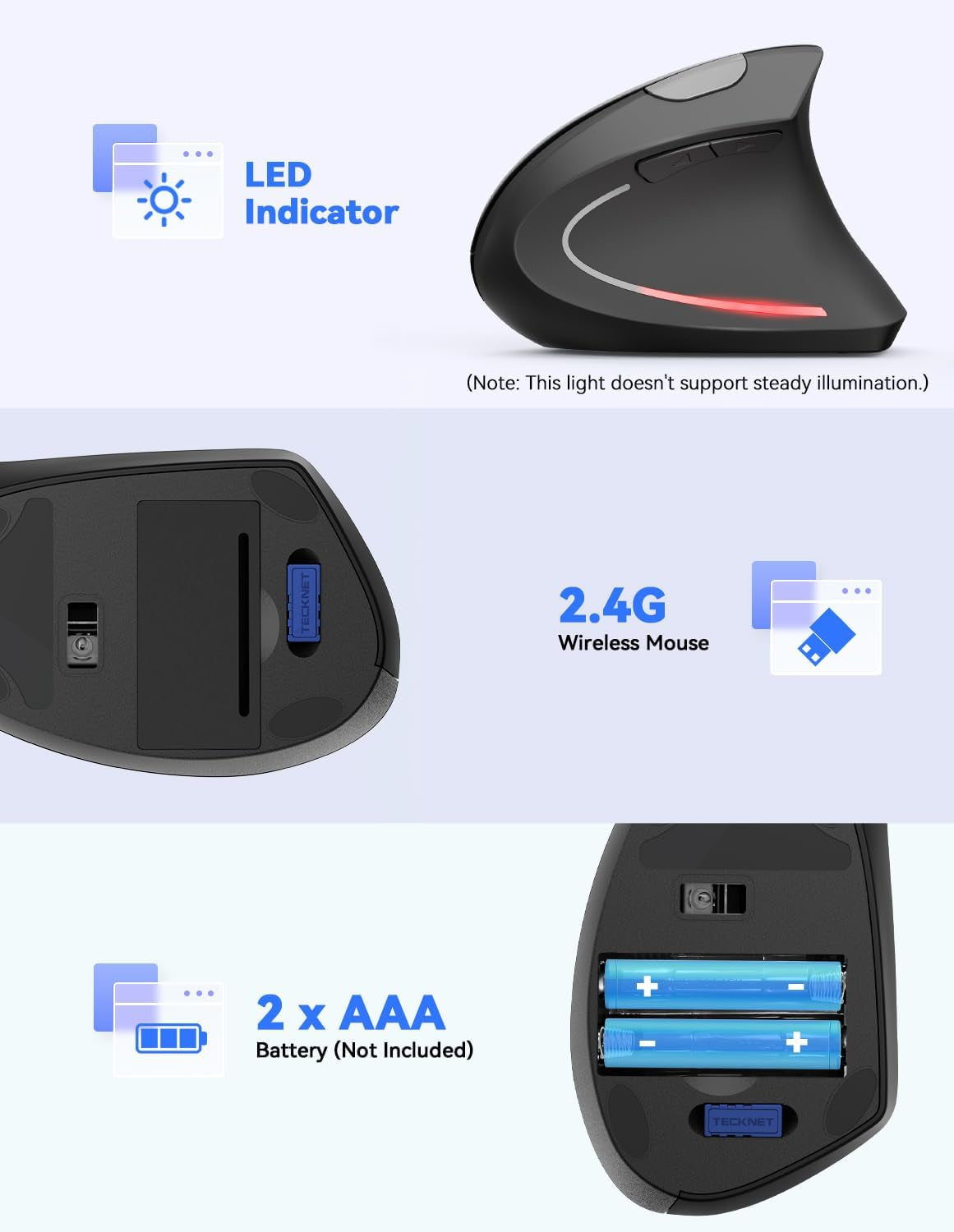Ergonomic 4800 DPI Wireless Vertical Mouse with 5 Adjustable DPI Settings and 6 Buttons