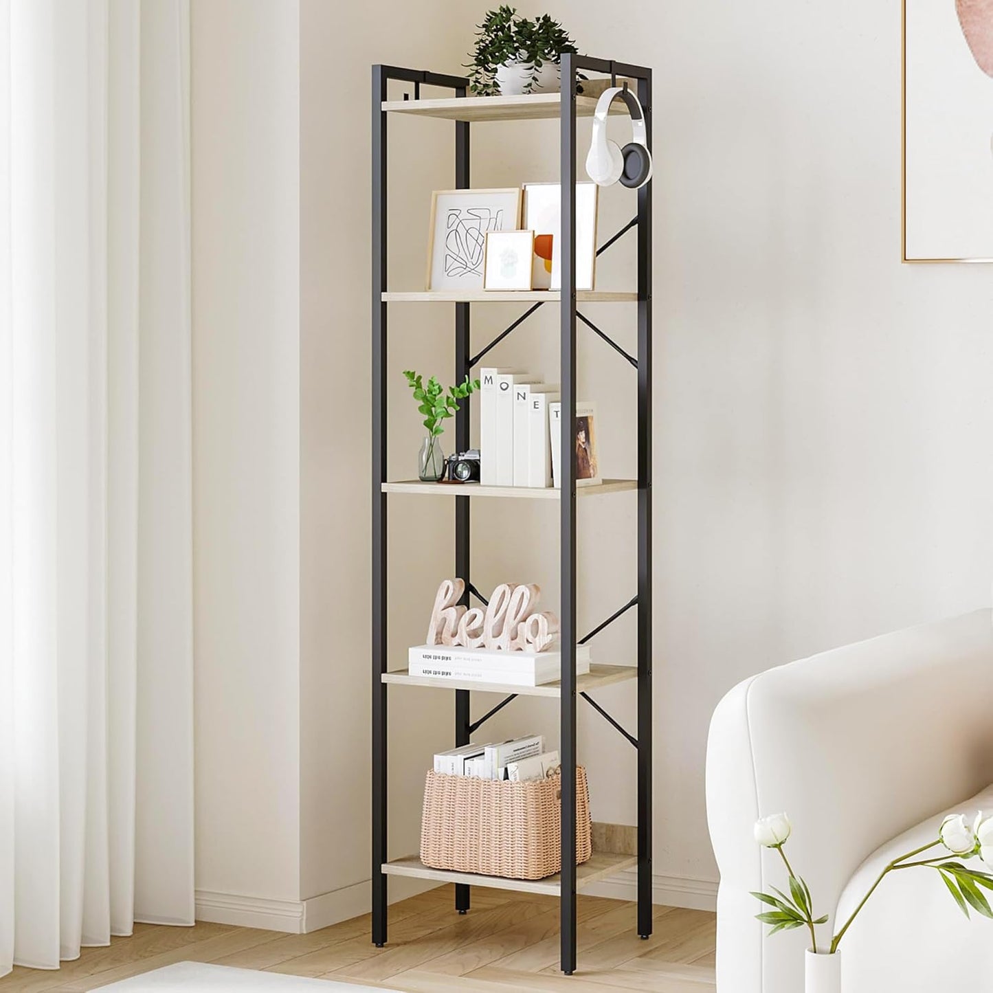 Industrial 5-Tier Bookshelf with Hooks - Greige Corner Storage Organizer for Home Office, Living Room, Bedroom, and Kitchen
