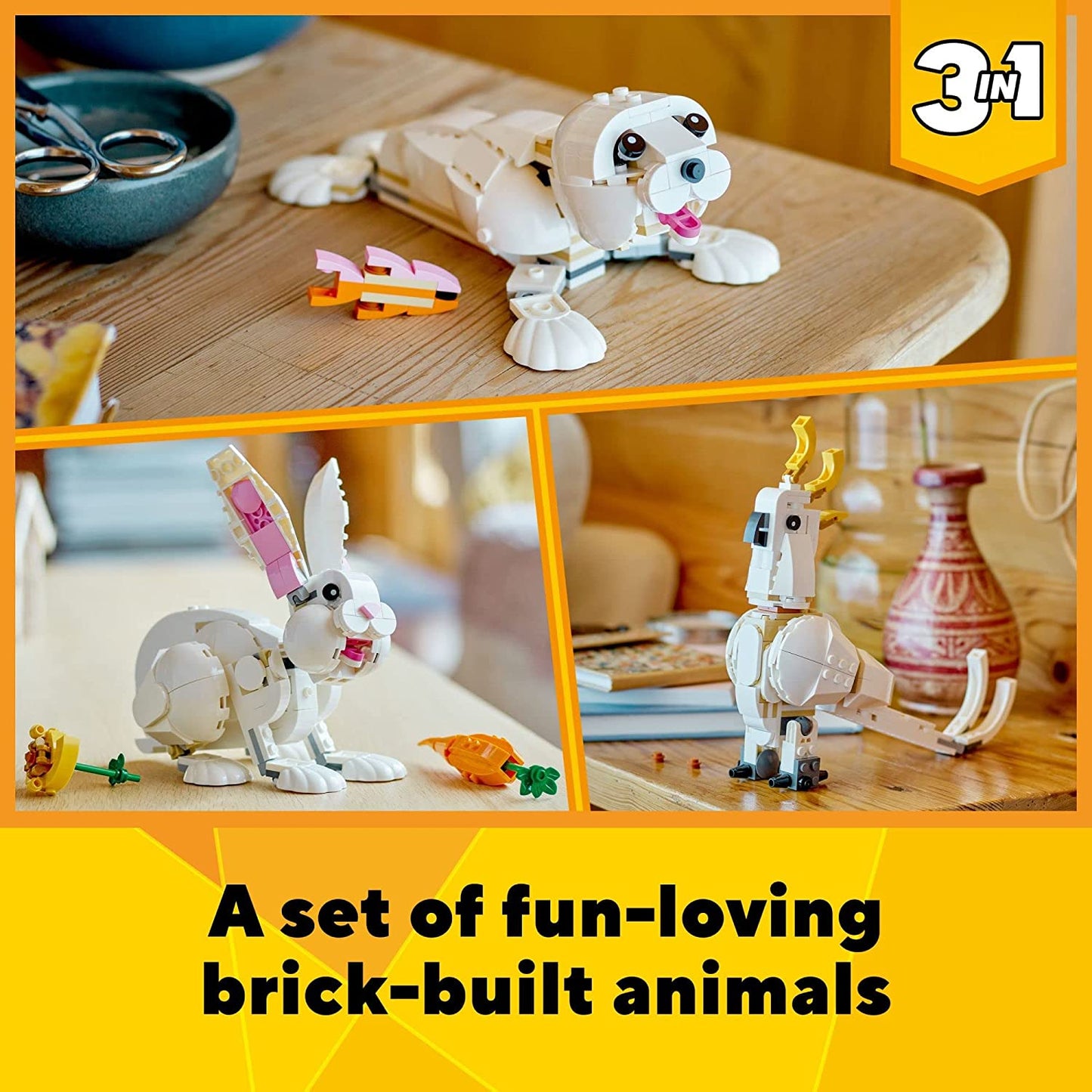 3-in-1 White Rabbit Animal Toy Building Set - Educational Toy Ages 8+, Transforms into Bunny, Seal, Parrot Figures, Creative Play