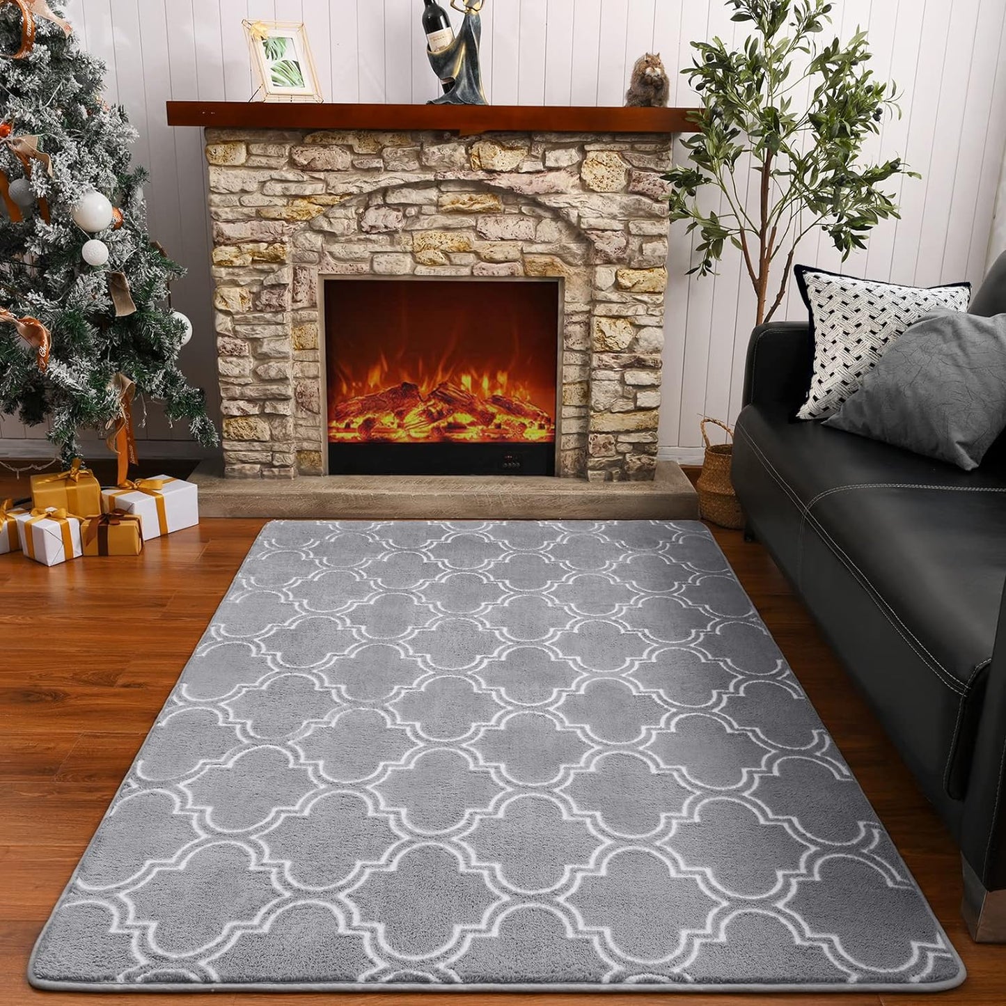 Shag Area Rug, 4' x 6' Soft Trellis Design for Bedroom and Living Room, Memory Foam Indoor Carpet, Gray/White