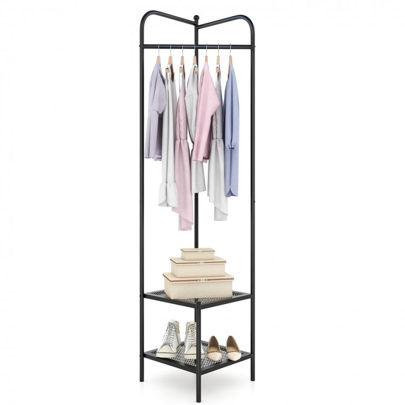 Corner Coat Rack with Top Hanger and Dual Mesh Shelves for Entryway, Hallway, Living Room, and Bedroom
