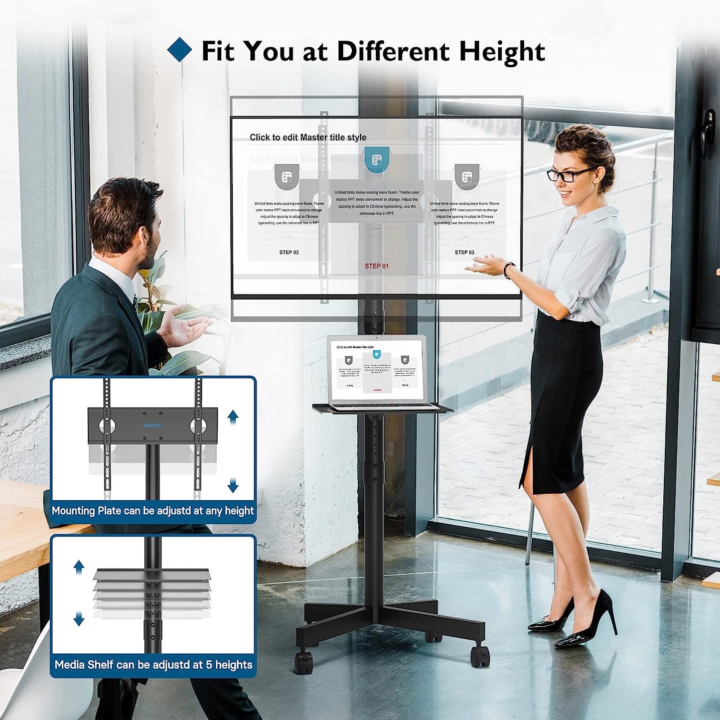 Mobile TV Stand with Adjustable Height for 23-60 Inch Screens, Rolling Locking Wheels and Media Shelf, VESA (75x75mm to 400x400mm), 88 lbs- Black
