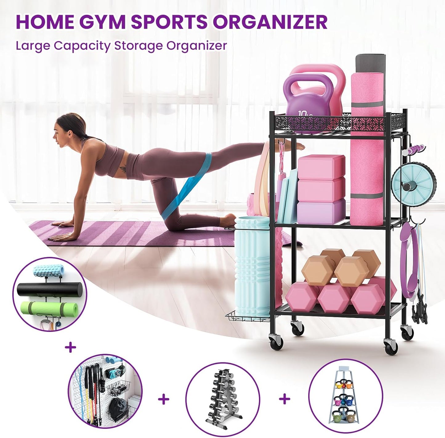 Yoga Mat and Equipment Storage Rack - Metal Organizer for Home Gym and Fitness Gear