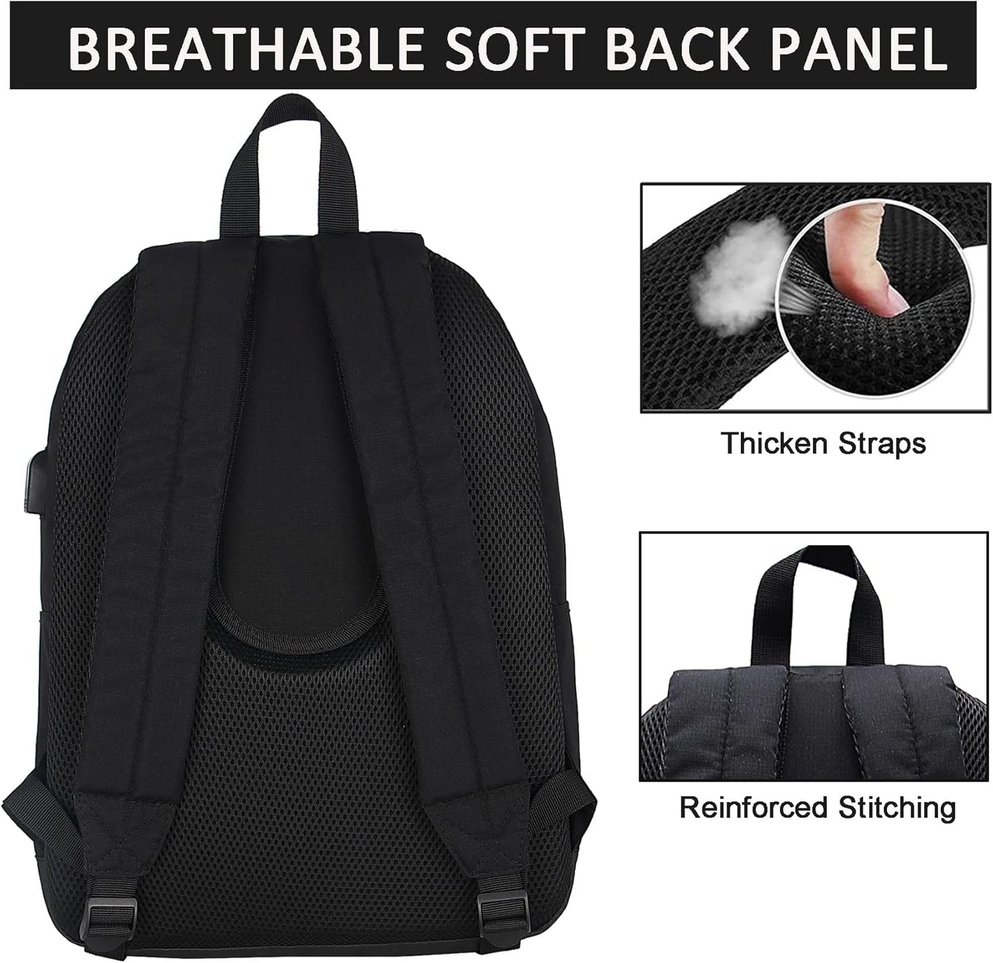 Lightweight Casual Laptop Backpack with USB Charging Port for Men and Women - Dark Black College Bookbag