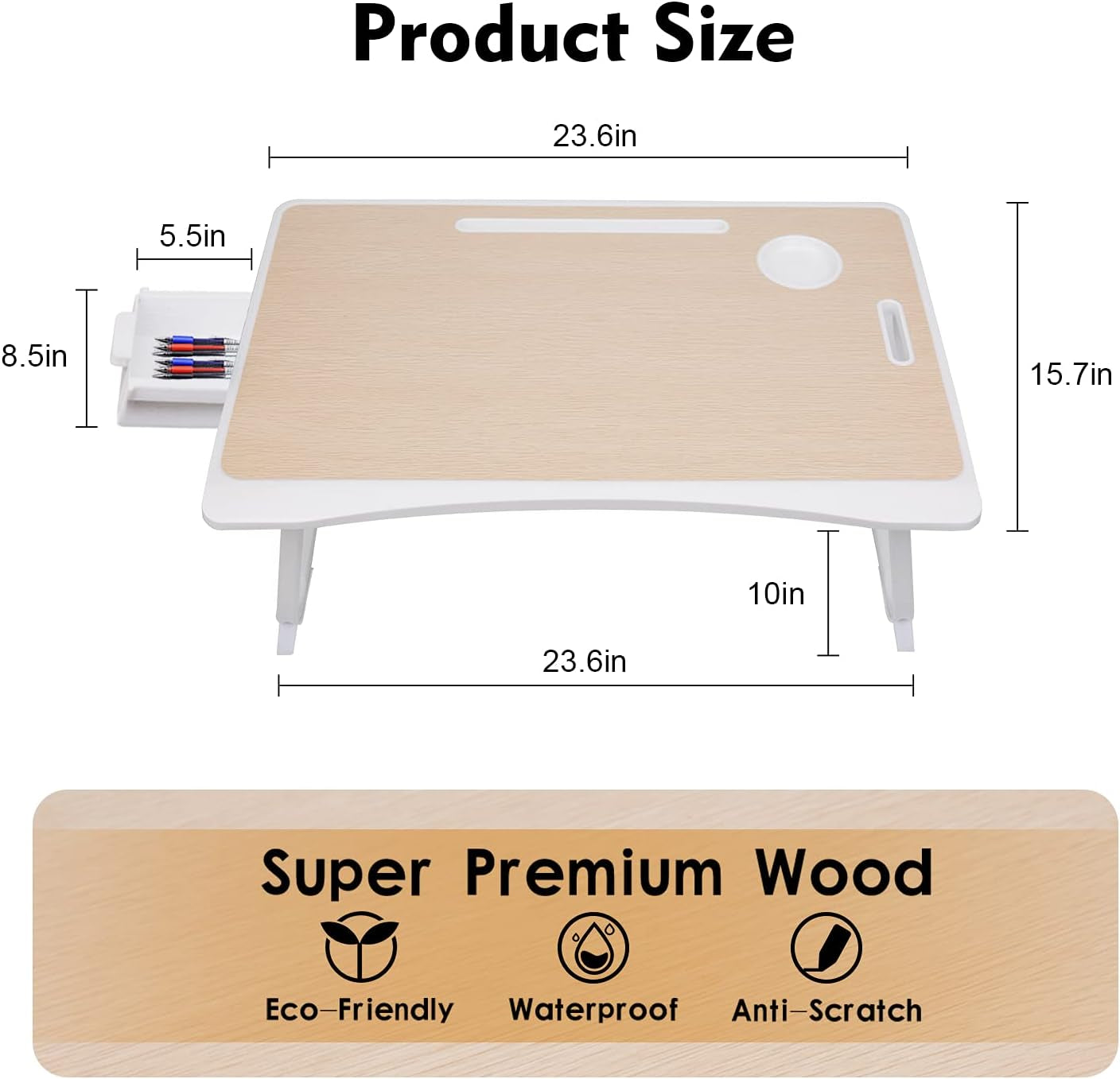 Foldable Portable Laptop Bed Desk Tray with Storage Drawer and Cup Holder for Breakfast and Reading - White Oak