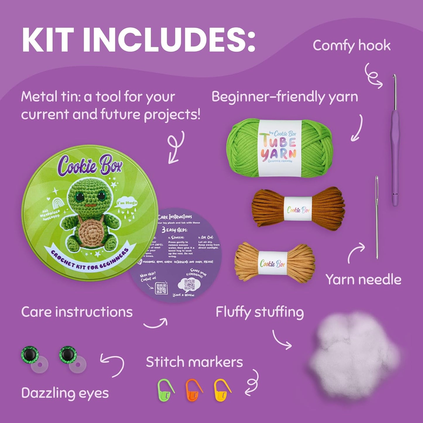 Crochet Kit for Beginners - Learn to Crochet Amigurumi Stuffed Animals - Gift - for Kids (14+) and Adults - Beginner-Friendly Yarn - Stitch-By-Stitch Video Tutorial - Turtle Hugo