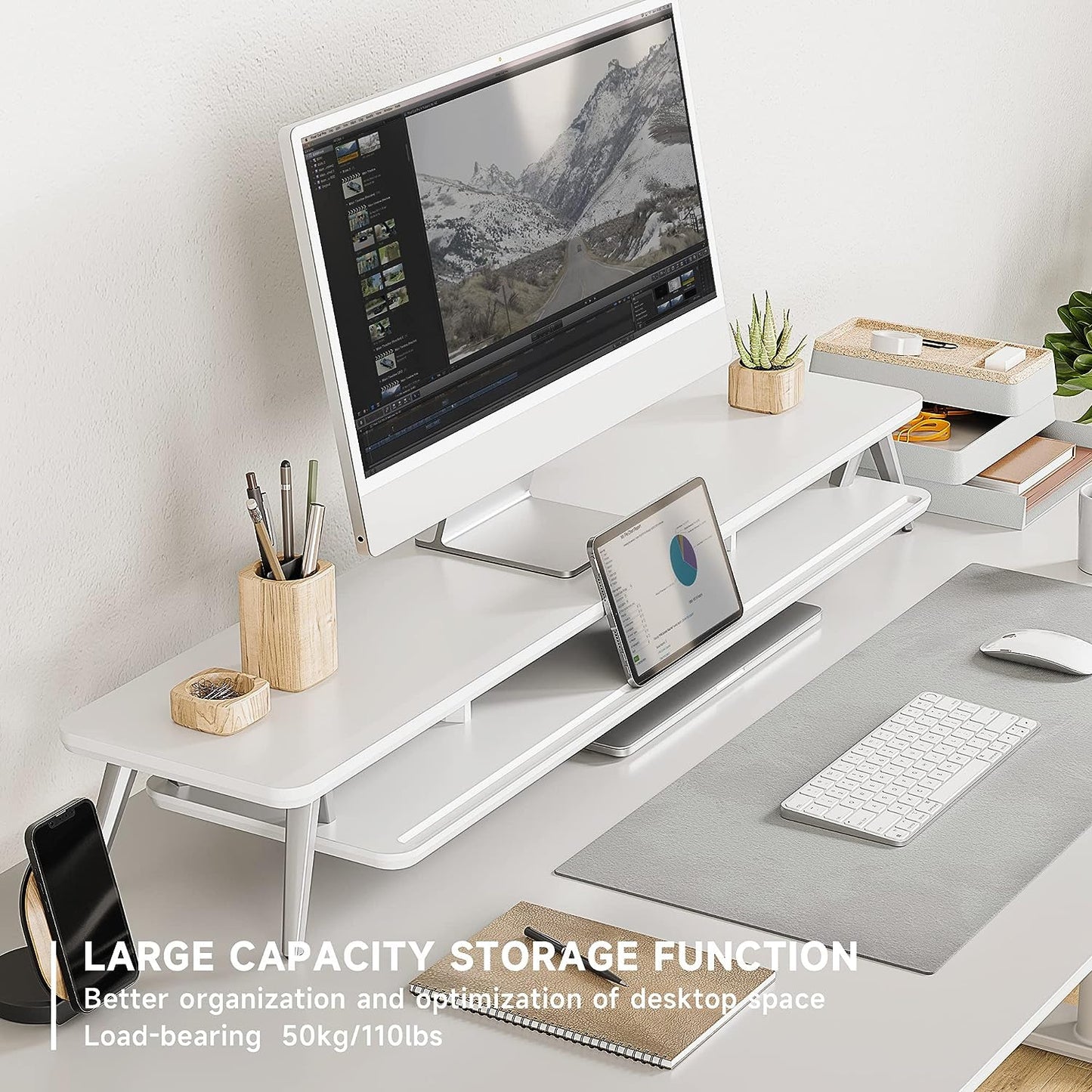 Dual Monitor Stand with Storage Organizer and Cable Management, 42.5-Inch Wooden Desk Shelf for Office Use (White)