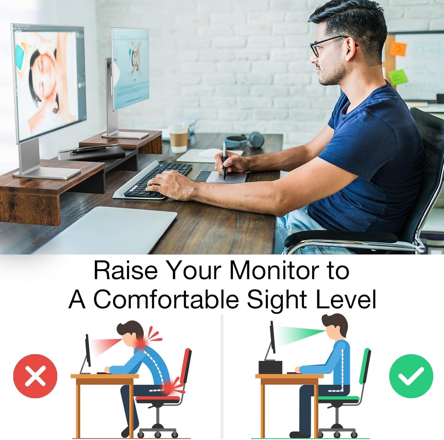 Dual Monitor Stand with Adjustable Length and Angle, 48.2" Desk Riser for Computer Monitors, Brown Office Accessory