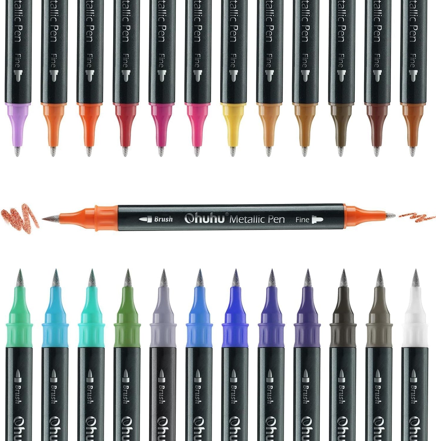 24-Piece Metallic Brush Markers Set, Dual Tip Glitter Pens-Acrylic Painting, DIY Cards, Coloring, Scrapbooking, Rock Art, Crafts