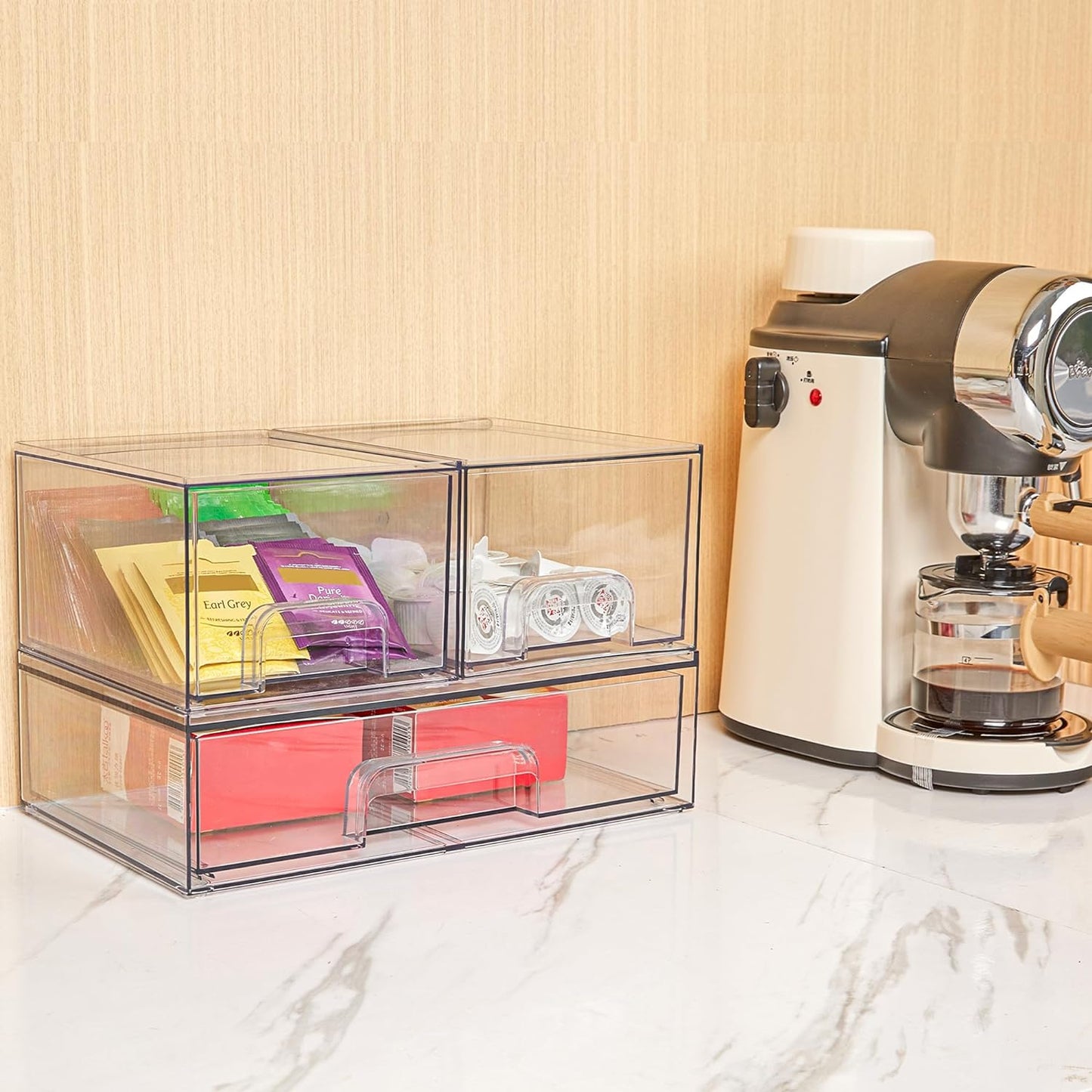 3-Pack Stackable Clear Plastic Drawer Organizers for Makeup and Beauty Supplies