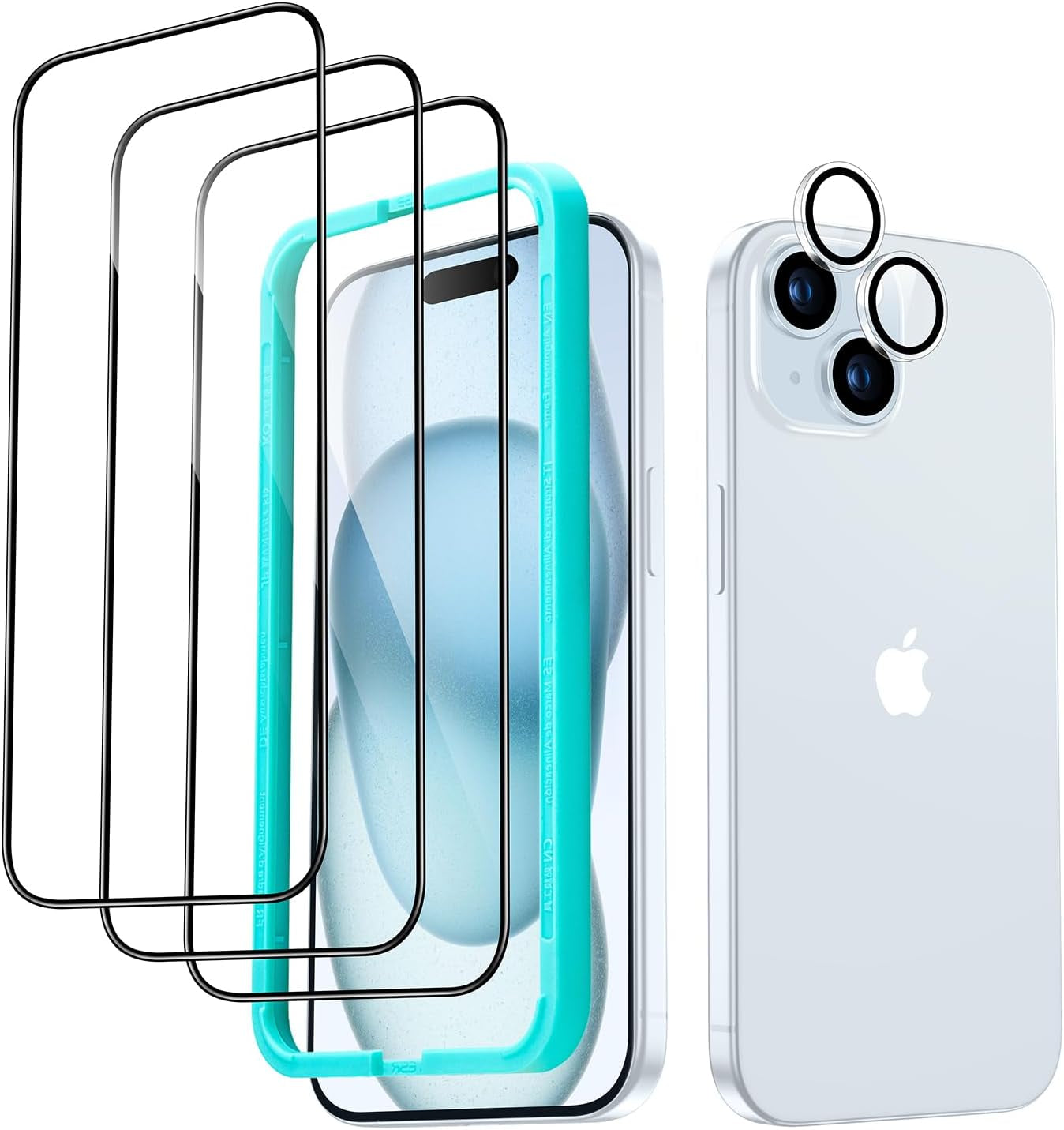 Screen Protector Set, 3 Tempered-Glass Screen Protectors and 1 Set Individual Lens Protectors, 2.5D Curved Edges, Scratch Resistant