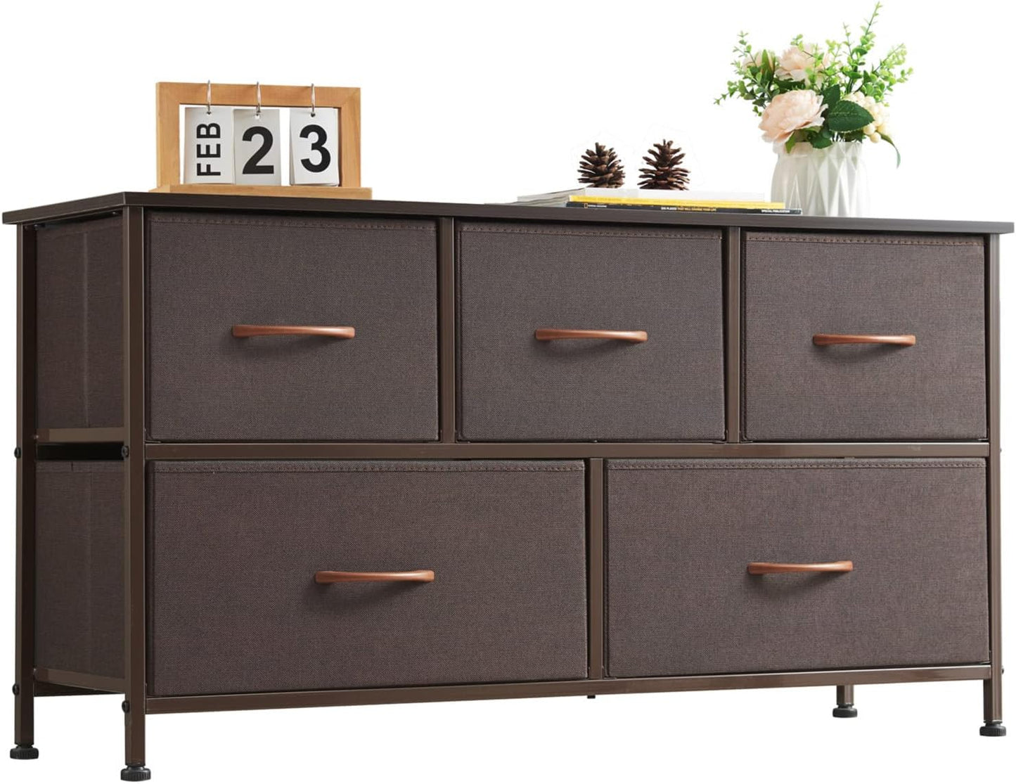 5-Drawer Dresser in Coffee Brown with Removable Fabric Bins for Versatile Storage