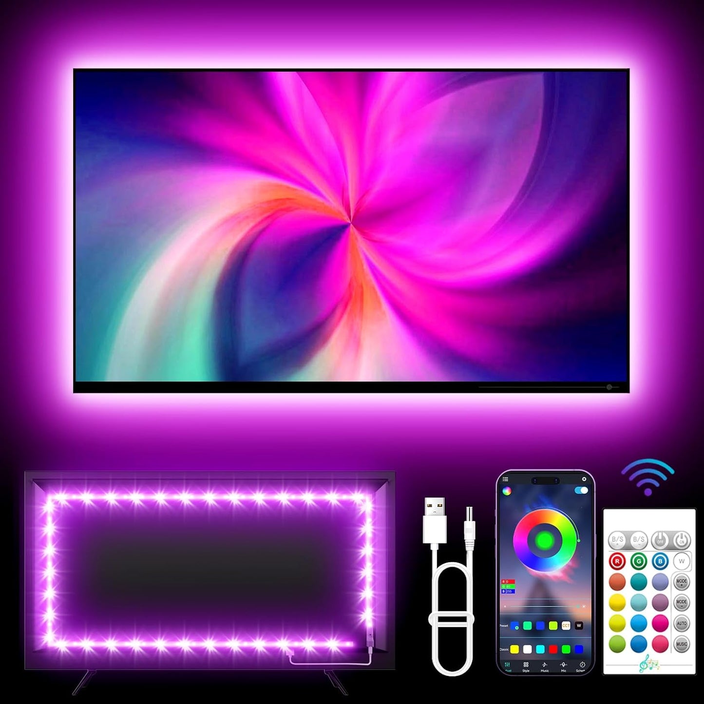 LED Backlight for TVs, 11.4Ft RGB Strip Lights for 32-50 Inch Monitors, Remote and Bluetooth APP Control, Music Sync, USB Powered Room Decoration