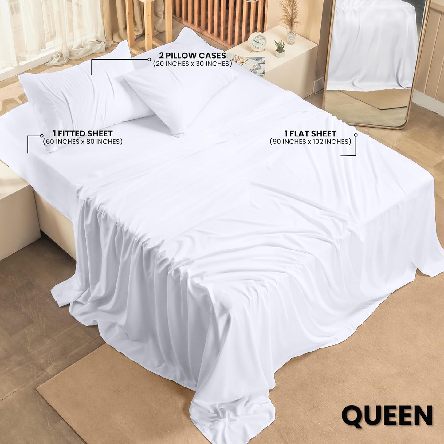 Queen Bed Sheet Set - 4-Piece Soft Brushed Microfiber Bedding - Shrinkage and Fade Resistant - Easy Care - White