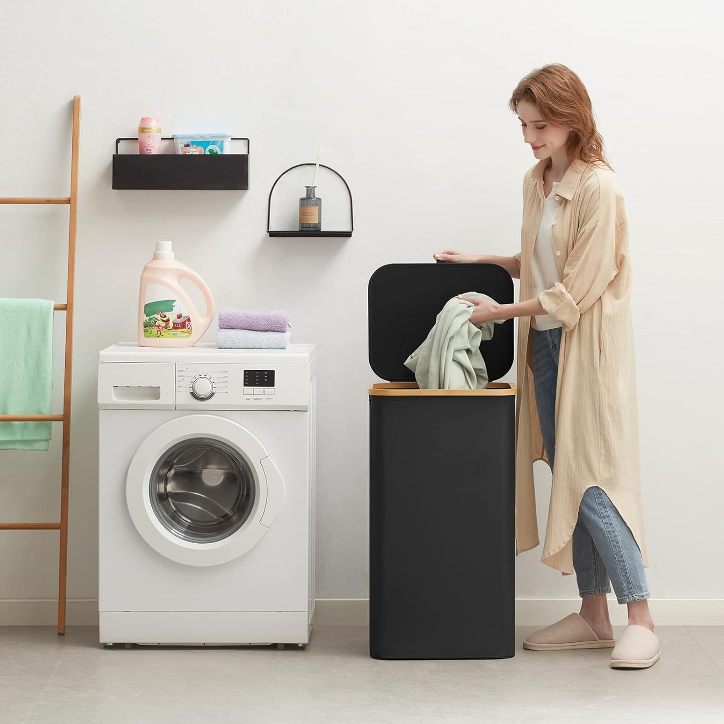 Premium Collapsible Laundry Hamper with Lid and Removable Bag, 100L Tall Storage Bin with Bamboo Handles - Black