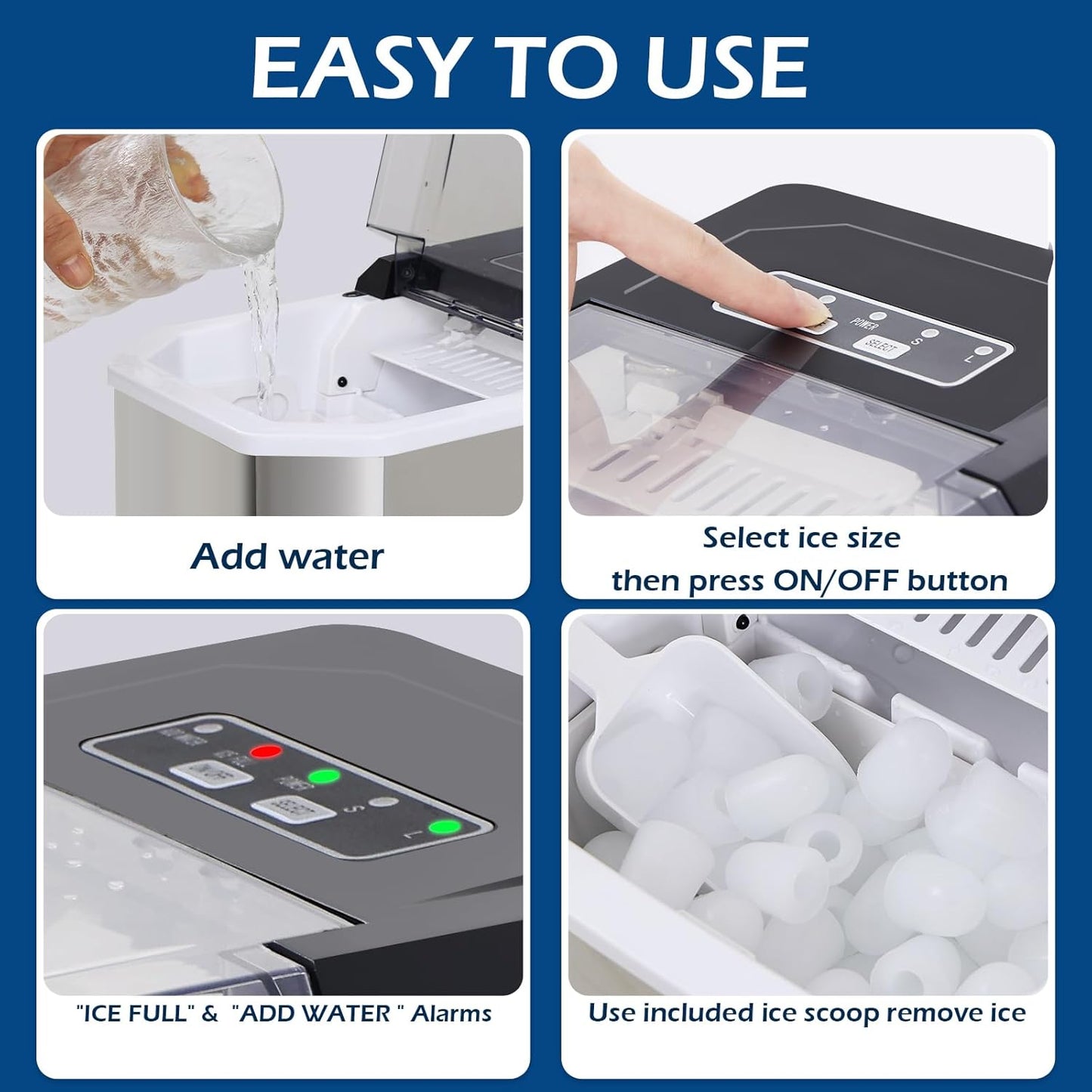 Portable Stainless Steel Countertop Ice Maker - Self-Cleaning, 26 lbs Daily Production, 9 Ice Cubes in 6 Minutes