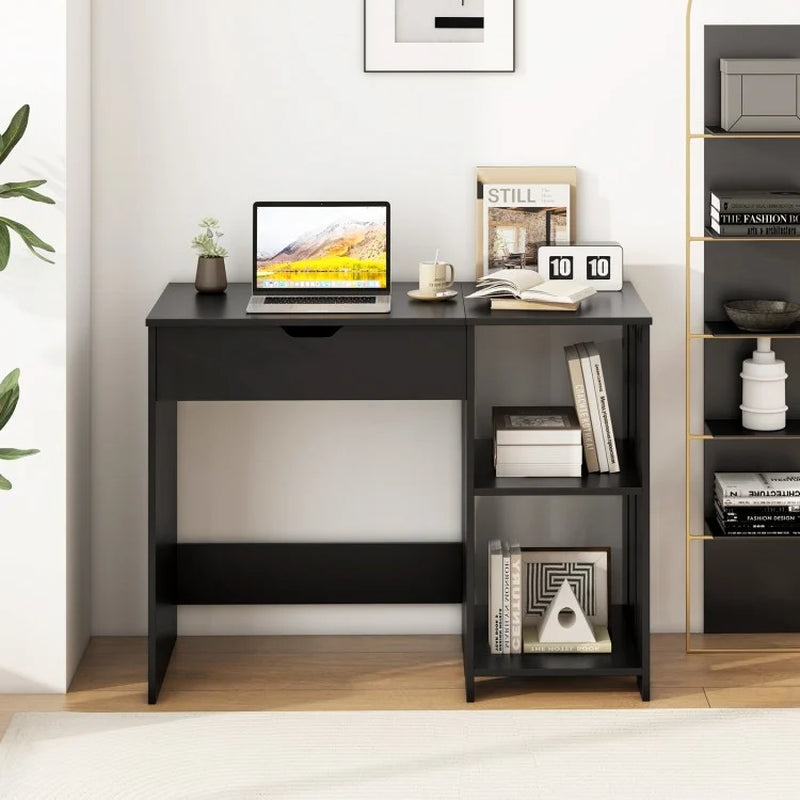 Compact Computer Desk with Concealed Storage and Open Shelving