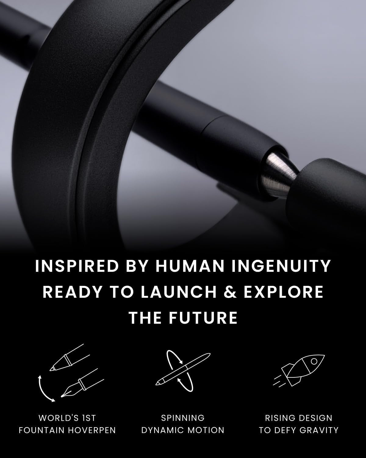 Hoverpen Future Edition - Luxury Fountain and Rollerball Pen Gift Set, Fine Nib, Futuristic Design, Metal Construction, Executive Spinning Pen, Ideal Gifts for Men (Deep Black)