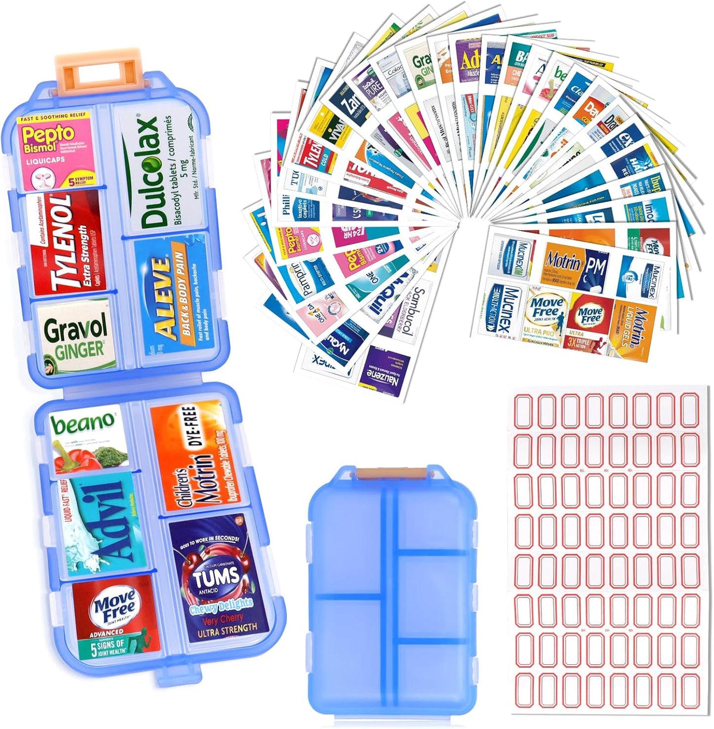 Portable Travel Pill Organizer with 260 Labels and 10 Compartments - Weekly Medication Container Case for Travel Essentials (Grey)