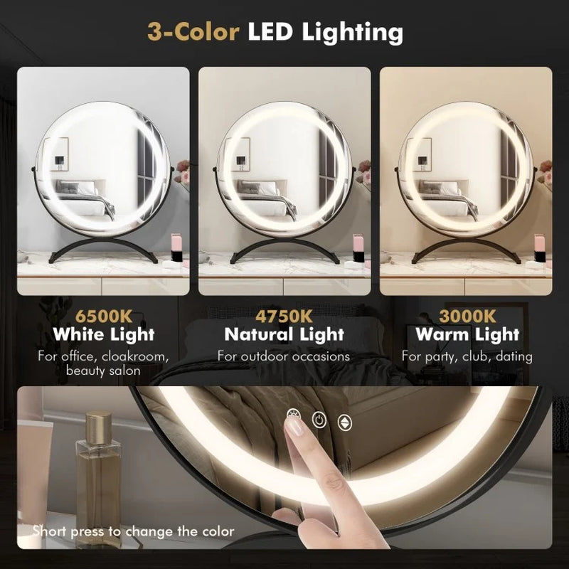 16-Inch Round LED Vanity Mirror with Three Color Temperature Settings and Adjustable Brightness