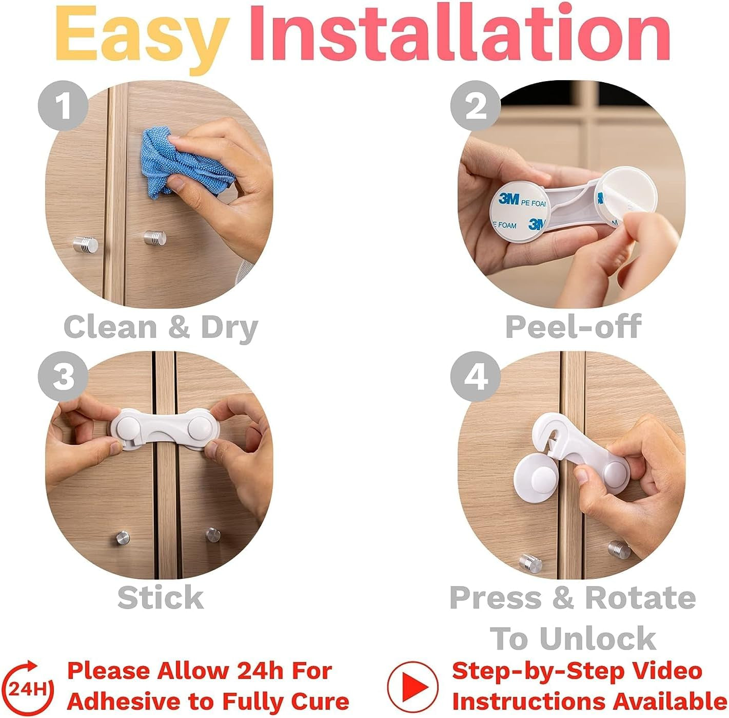 6-Pack Child Safety Cabinet Locks - No Drilling Required - 3M Adhesive - Secure Installation - Cabinets, Drawers, Pantries, Closets